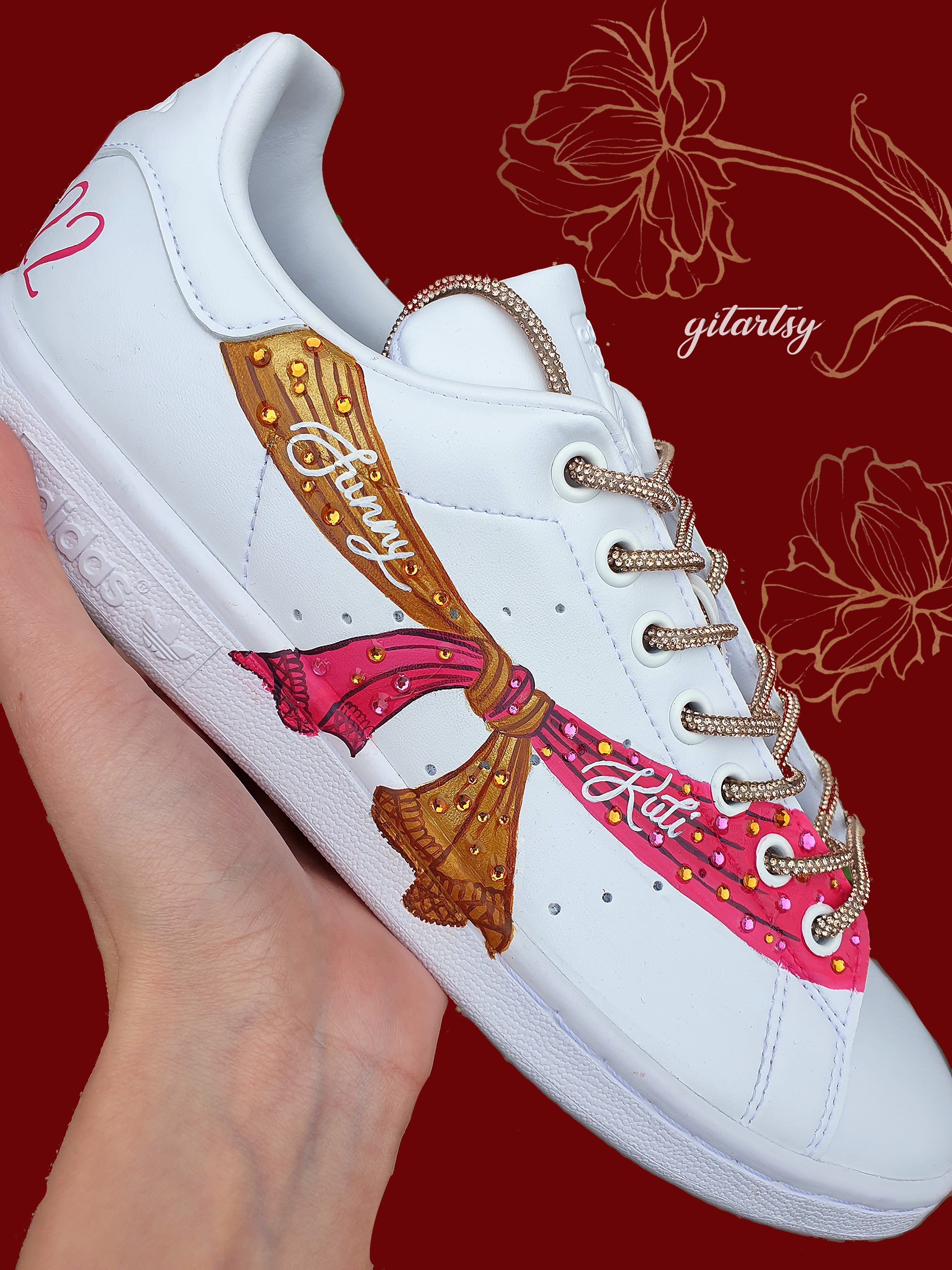Indian Bridal Custom Hand-Painted adidas Sneakers – Bride in Doli Palki with Henna Patterns & Wedding Knot UK 8.5