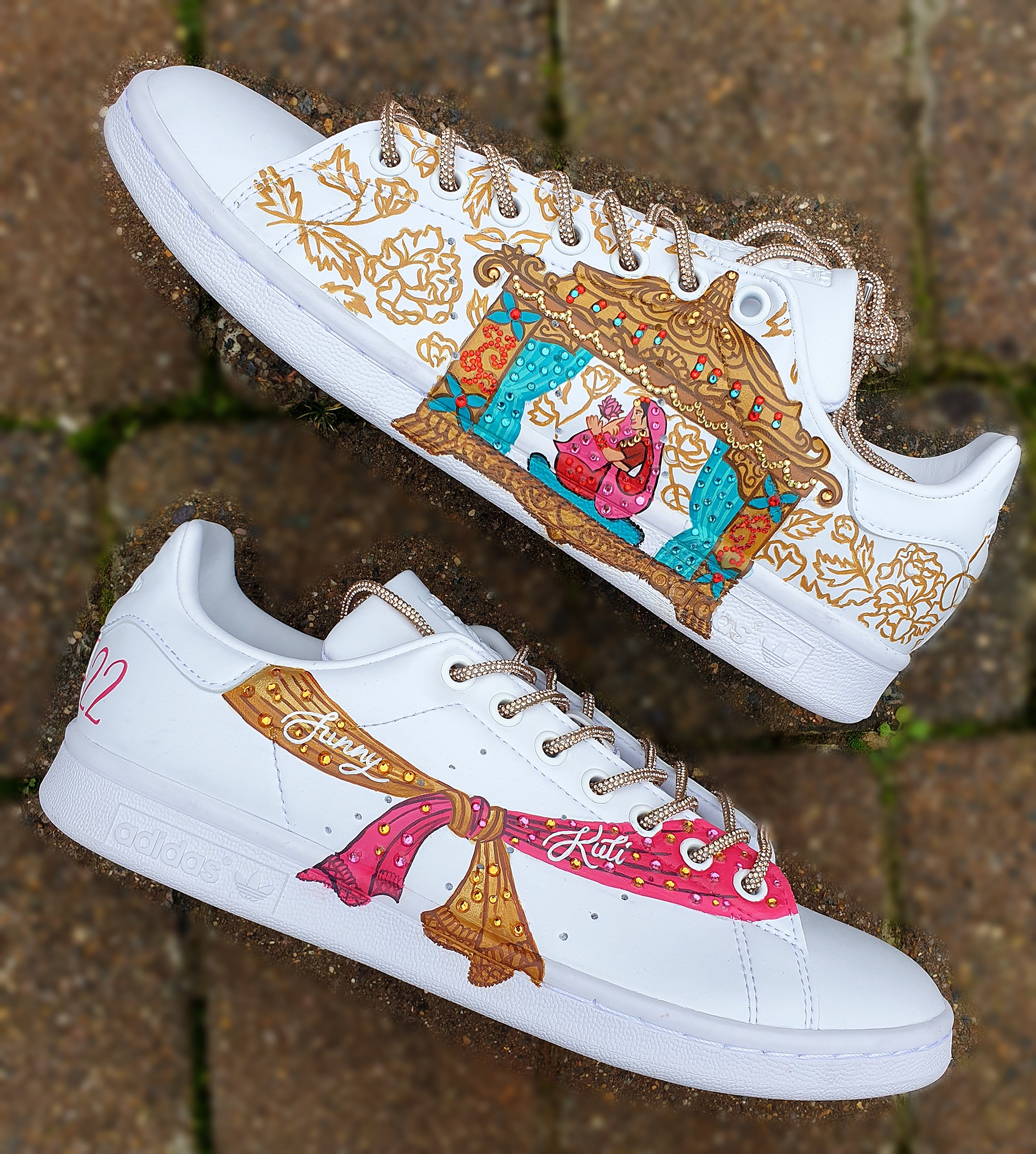 adidas gazelle silver green womens Indian Bridal Custom Hand-Painted adidas Sneakers – Bride in Doli Palki with Henna Patterns & Wedding Knot UK 8.5