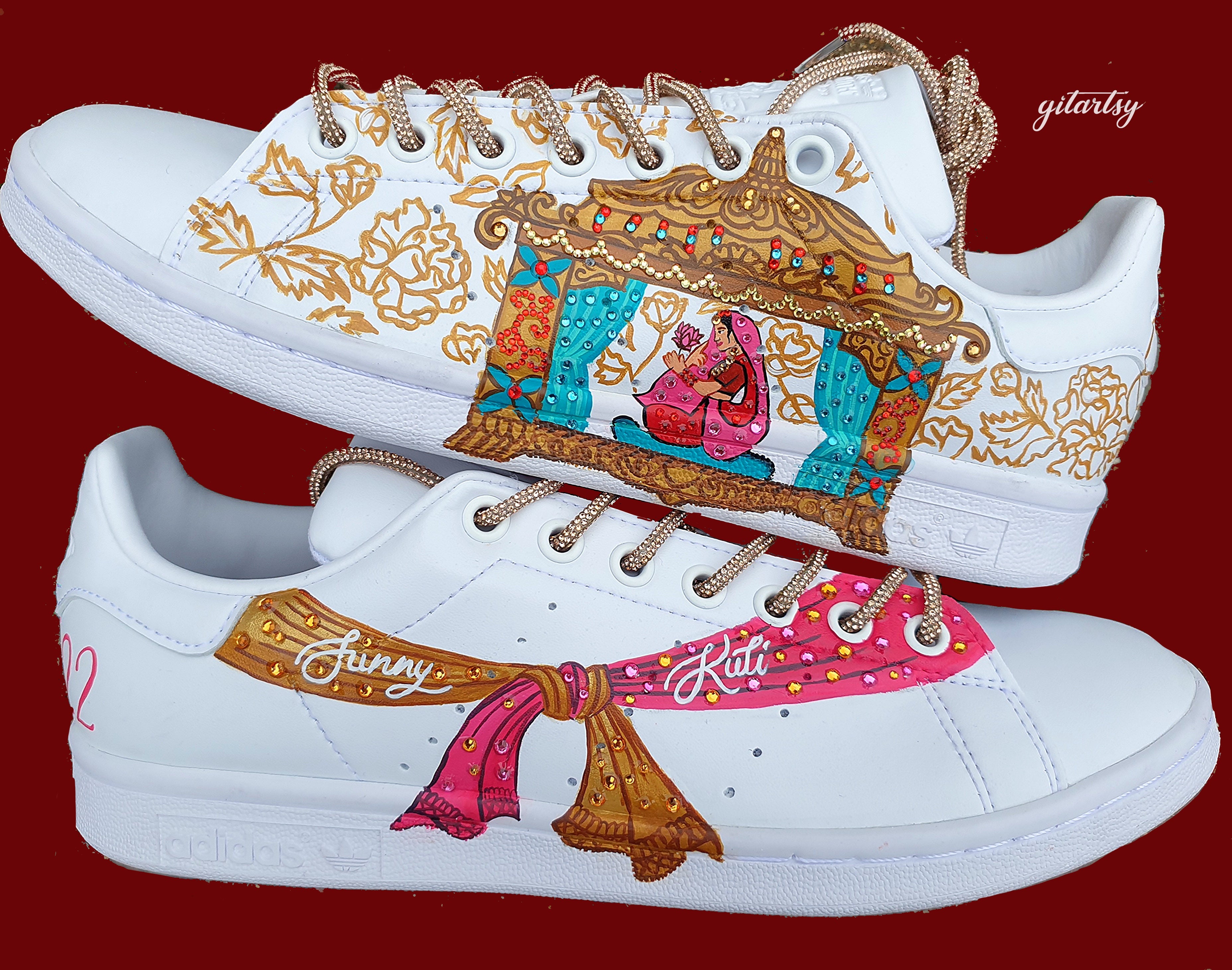 Indian Bridal Custom Hand-Painted adidas Sneakers – Bride in Doli Palki with Henna Patterns & Wedding Knot UK 8.5