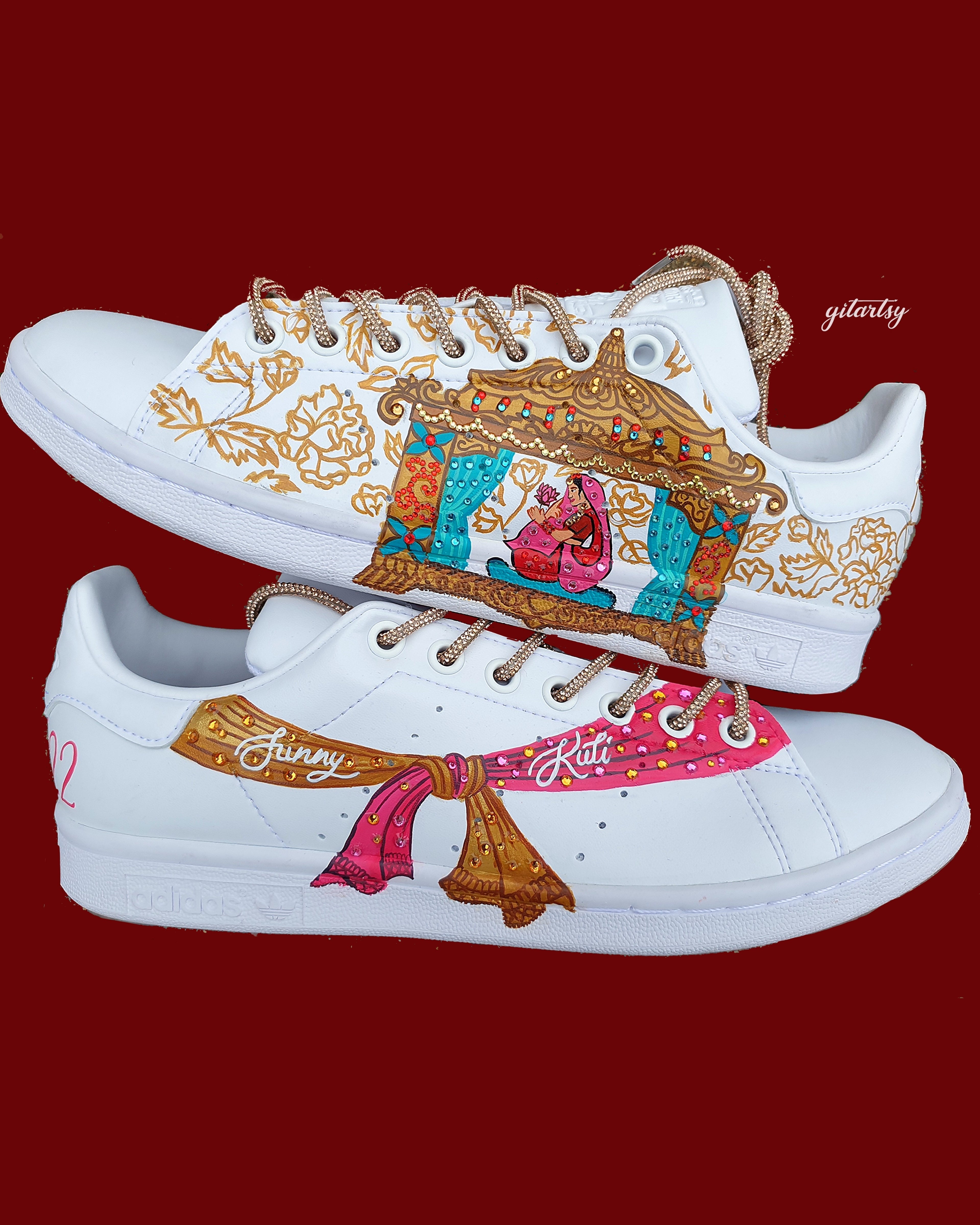 Indian Bridal Custom Hand-Painted adidas Sneakers – Bride in Doli Palki with Henna Patterns & Wedding Knot UK 8.5