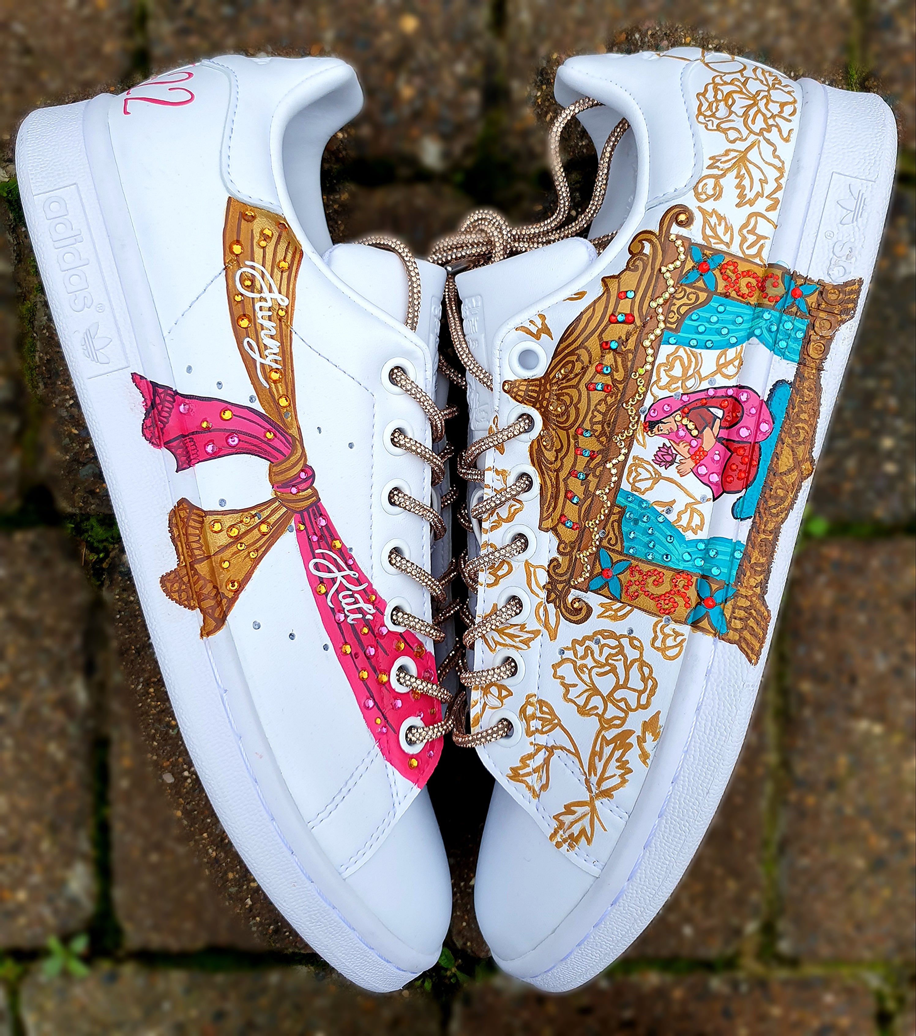 Indian Bridal Custom Hand-Painted Adidas Sneakers โ Bride in Doli Palki with Henna Patterns Wedding Knot