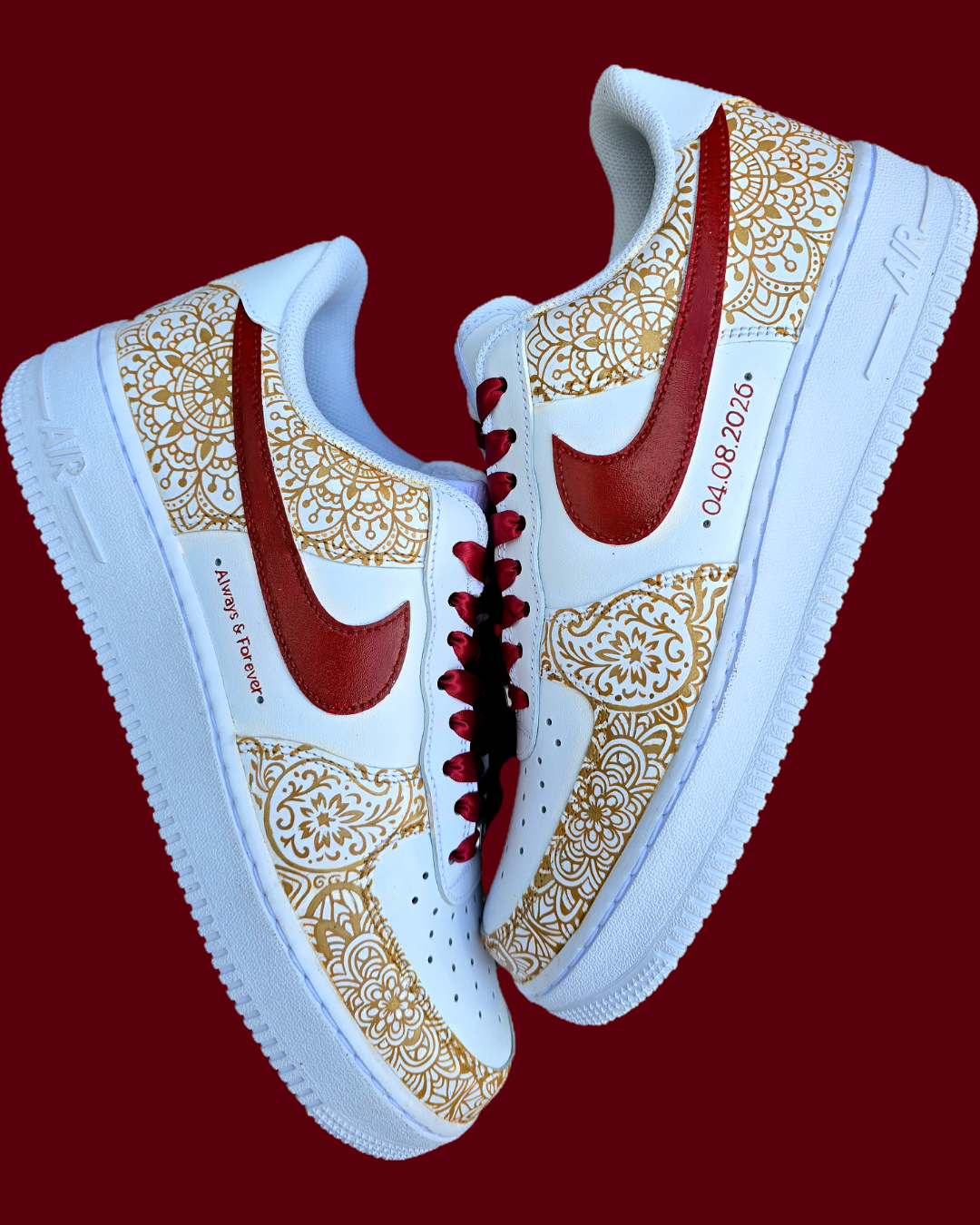 Indian Bridal Wedding Nike AF1  white detailed sneakers - hand-painted henna mehendi design all over in gold and maroon paint. Finished with a custom wedding date and quote