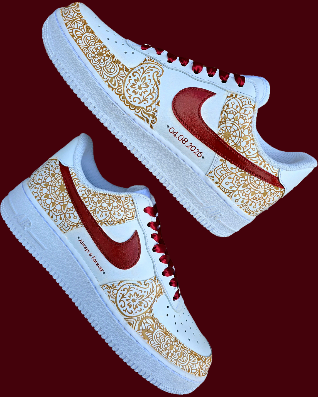 Indian Bridal Wedding Nike AF1  white detailed sneakers - hand-painted henna mehendi design all over in gold and maroon paint. Finished with a custom wedding date and quote