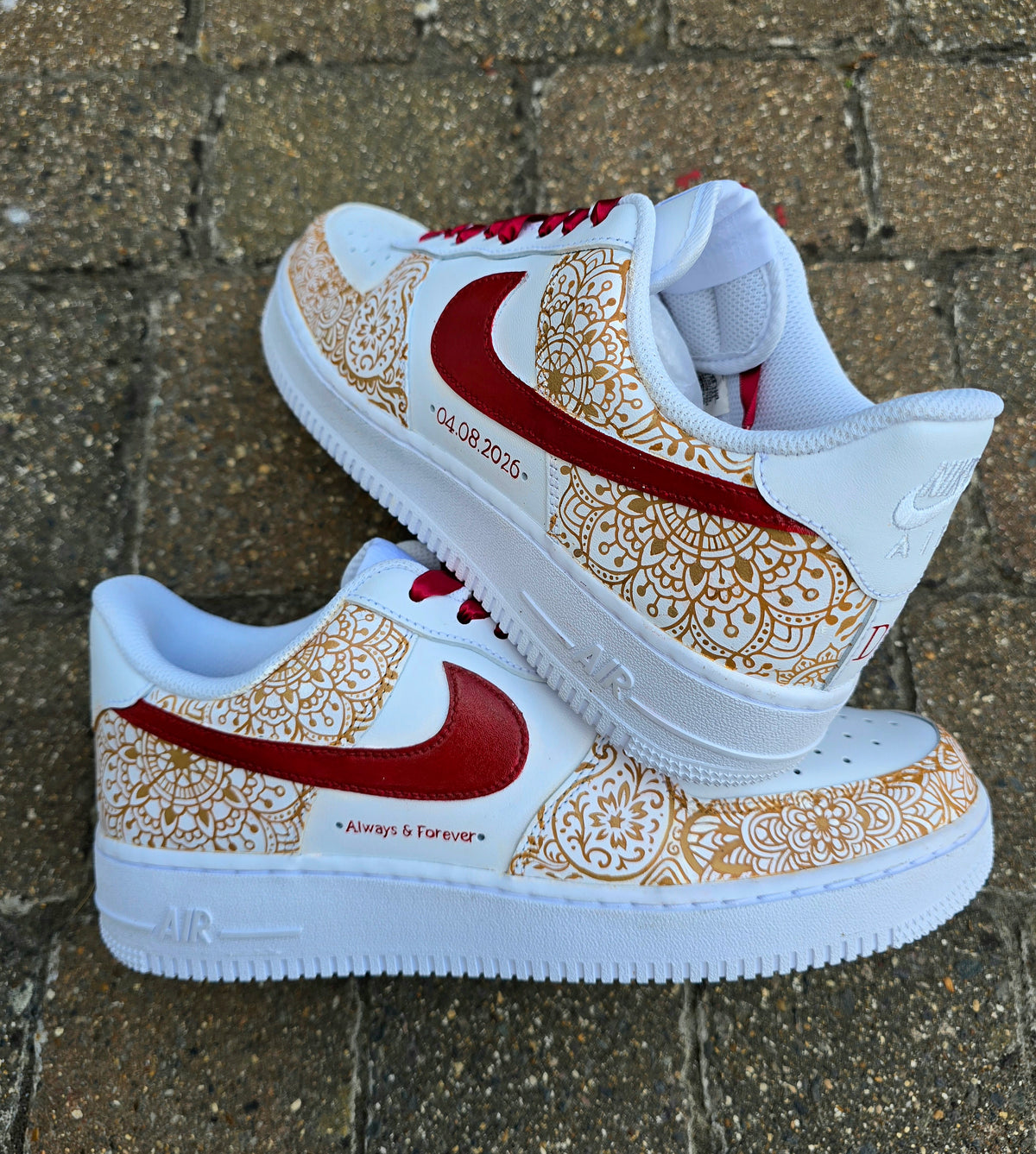 Indian Bridal Wedding Nike AF1  white detailed sneakers - hand-painted henna mehendi design all over in gold and maroon paint. Finished with a custom wedding date and quote