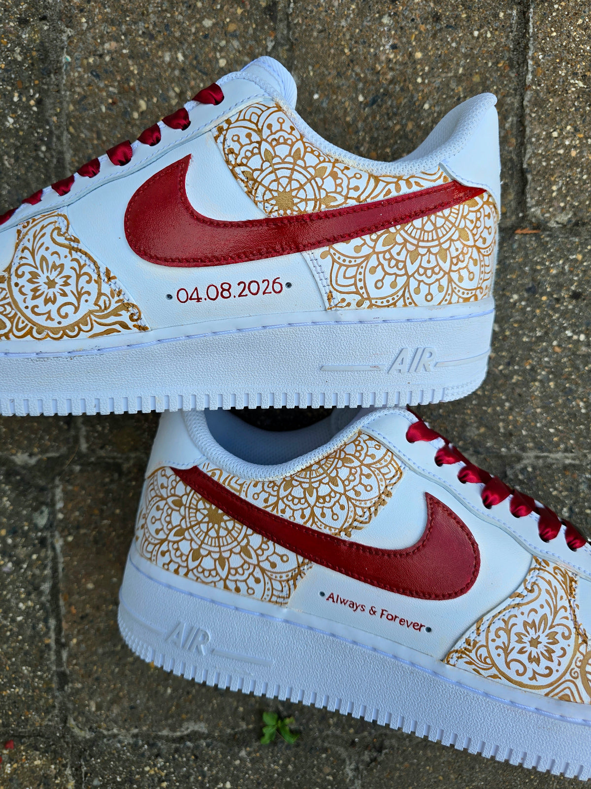 Indian Bridal Wedding Nike AF1  white detailed sneakers - hand-painted henna mehendi design all over in gold and maroon paint. Finished with a custom wedding date and quote