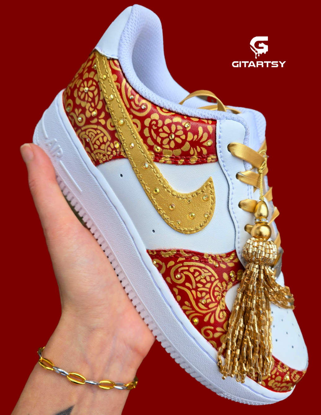 Indian Bridal Wedding Nike AF1 sneakers with crystals -  hand painted with henna mehendi designs in maroon and gold. Topped with rhinestones and paranda 