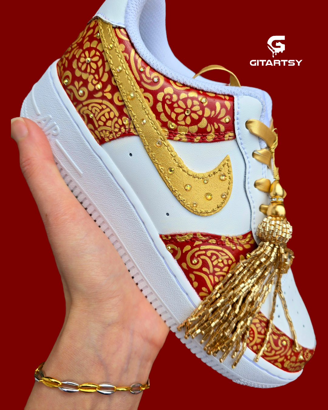 Indian Bridal Wedding Nike AF1 sneakers with crystals -  hand painted with henna mehendi designs in maroon and gold. Topped with rhinestones and paranda 