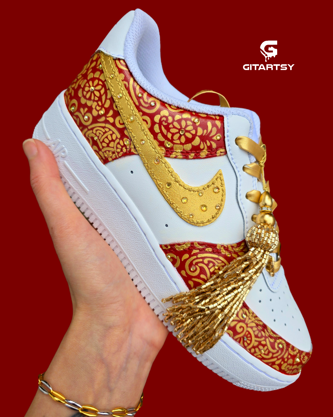 Indian Bridal Wedding Nike AF1 sneakers with crystals -  hand painted with henna mehendi designs in maroon and gold. Topped with rhinestones and paranda 