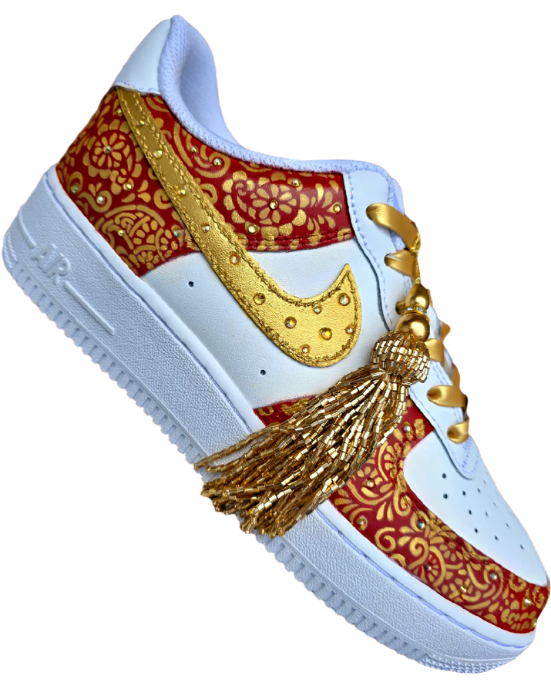 Indian Bridal Wedding Nike AF1 sneakers with crystals -  hand painted with henna mehendi designs in maroon and gold. Topped with rhinestones and paranda 
