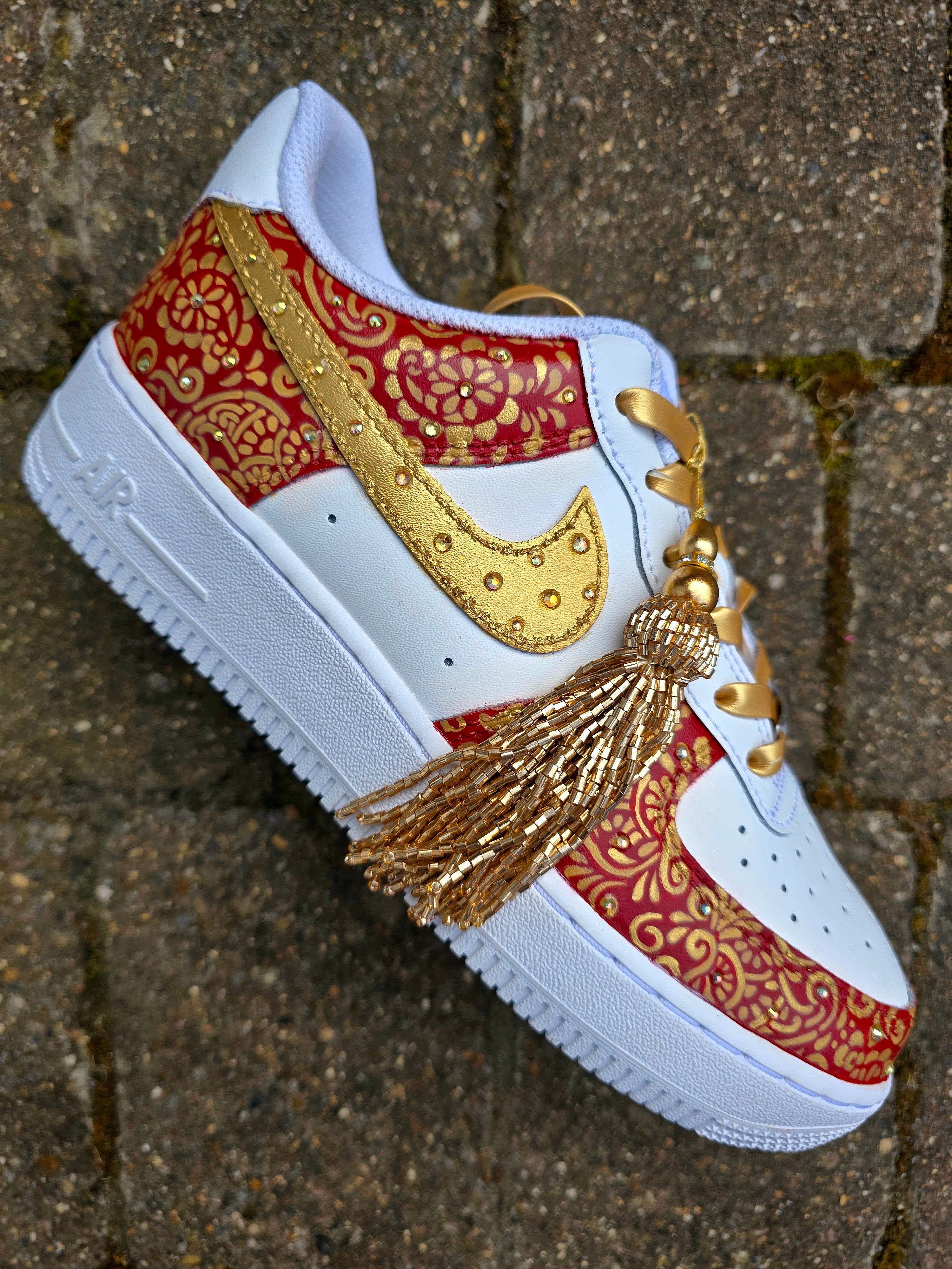Indian Bridal Wedding Nike AF1 sneakers with crystals -  hand painted with henna mehendi designs in maroon and gold. Topped with rhinestones and paranda 