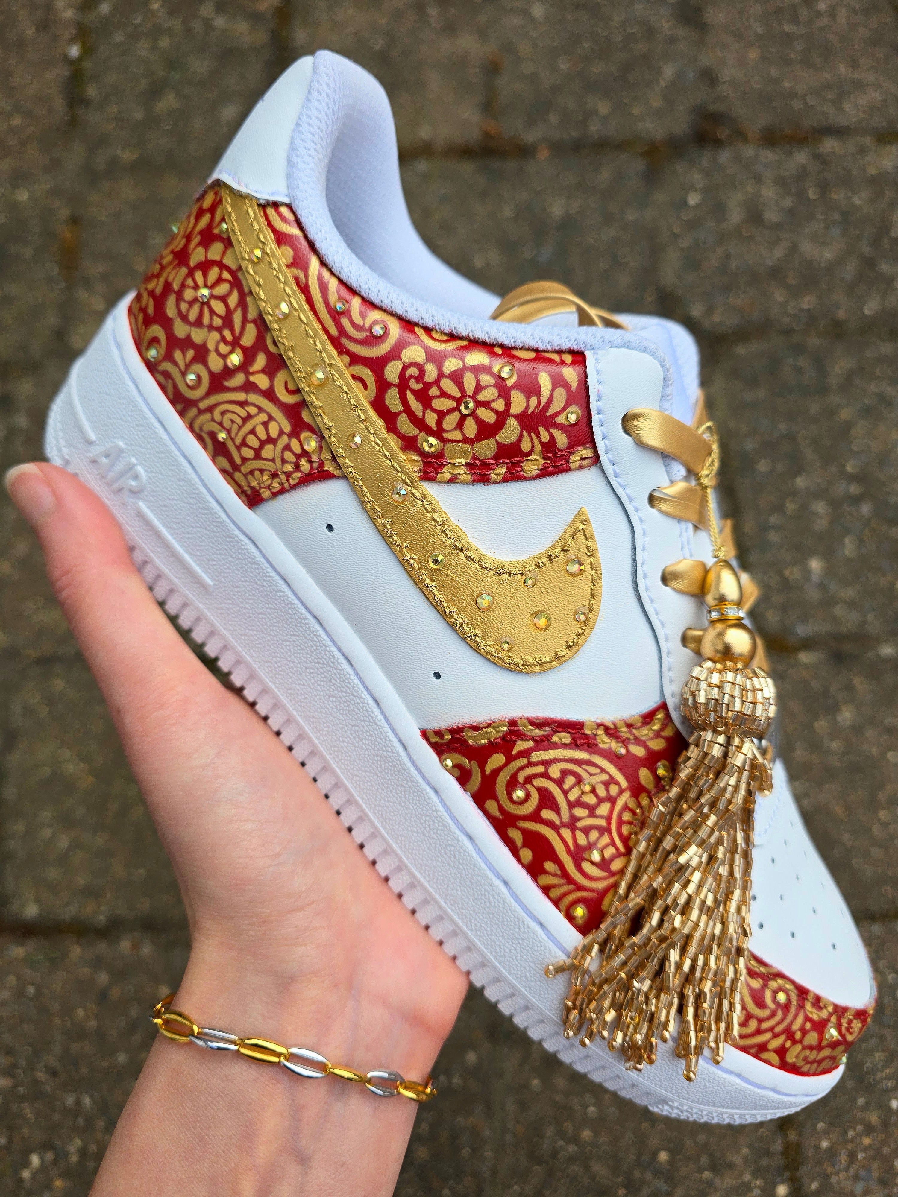 Indian Bridal Wedding Nike AF1 sneakers with crystals -  hand painted with henna mehendi designs in maroon and gold. Topped with rhinestones and paranda 