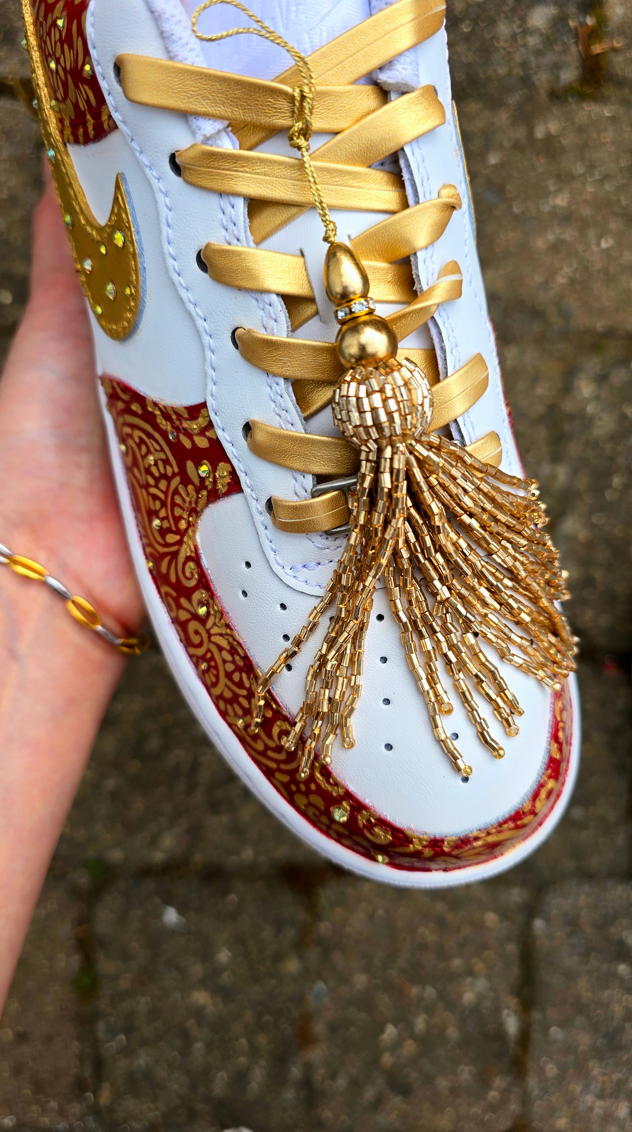 Indian Bridal Wedding Nike AF1 sneakers with crystals -  hand painted with henna mehendi designs in maroon and gold. Topped with rhinestones and paranda 