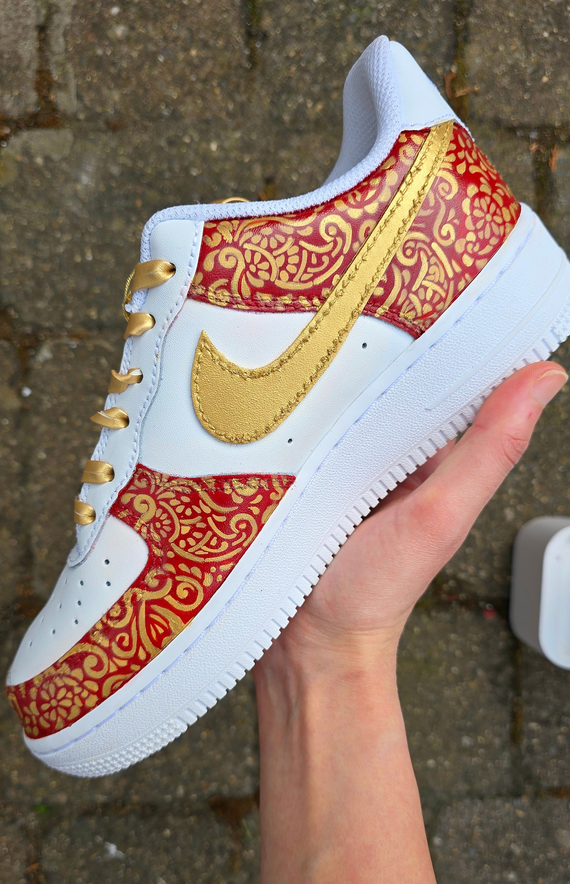 Indian Bridal Wedding Nike AF1 sneakers with crystals -  hand painted with henna mehendi designs in maroon and gold. Topped with rhinestones and paranda 