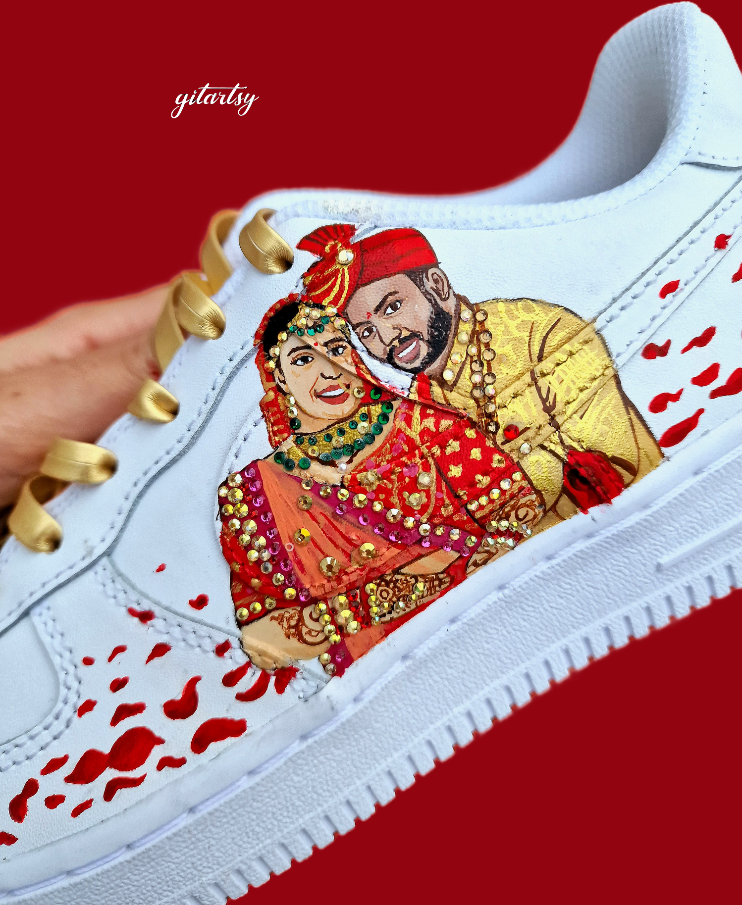 Nike sneakers painted with Indian bride and groom love story  