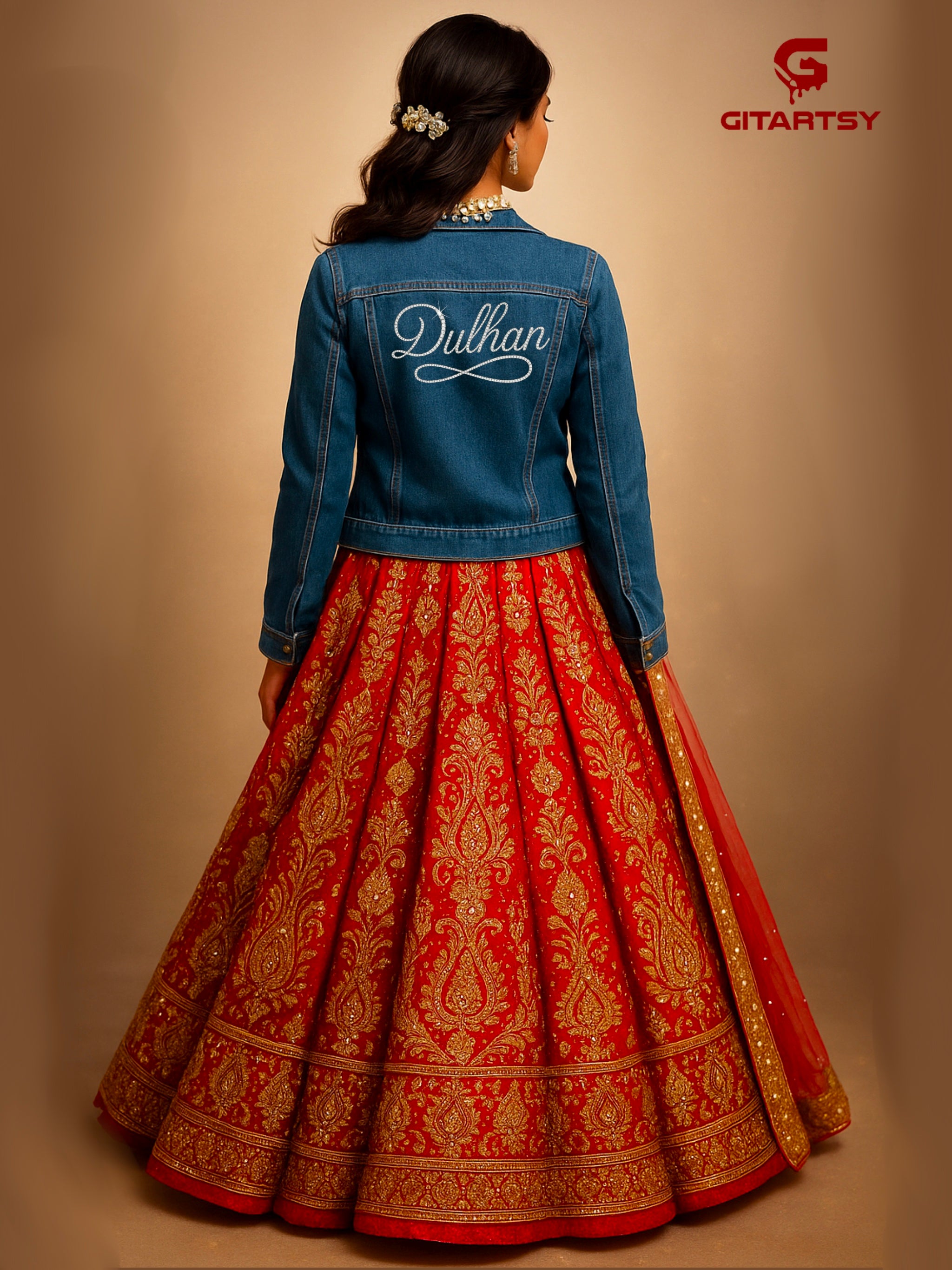 Custom “Dulhan” Denim Jacket for Indian Brides – Crystal Embellished in Gold or Silver – Handmade Bridal blue denim Jacket. Model wearing jacket over indian bridal red lehenga 