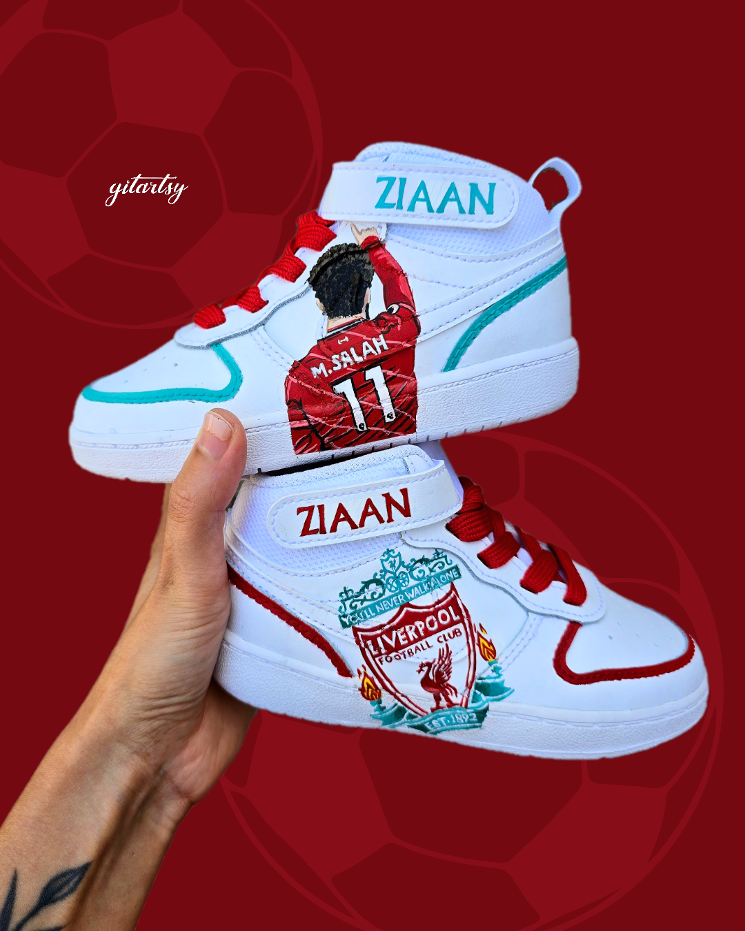 KIDS Liverpool FC Custom Hand-Painted Nike AF1 Sneakers – Realistic Footballer Portrait of footballer Mohamed Salah 