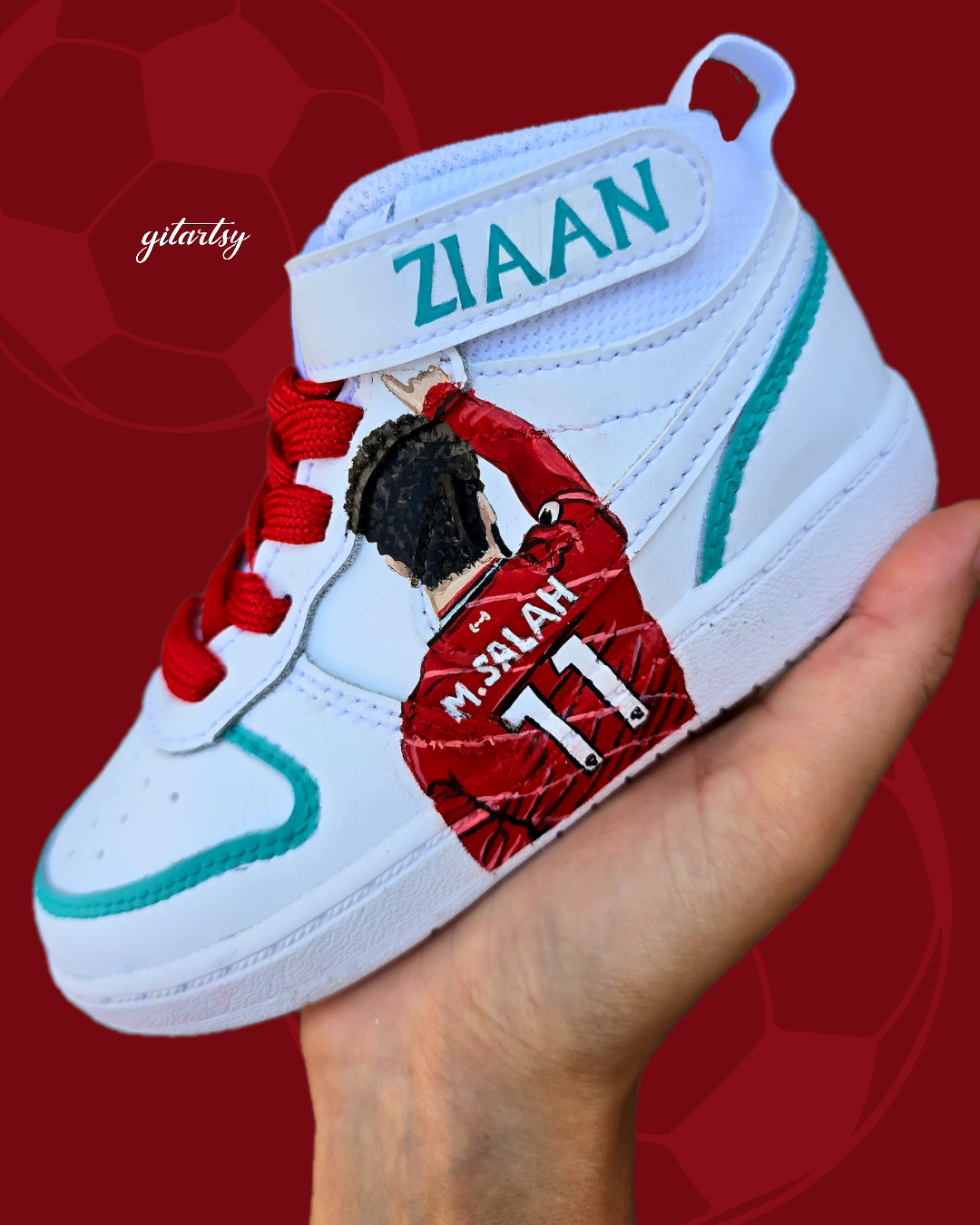 KIDS Liverpool FC Custom Hand-Painted Nike AF1 Sneakers – Realistic Footballer Portrait of footballer Mohamed Salah 