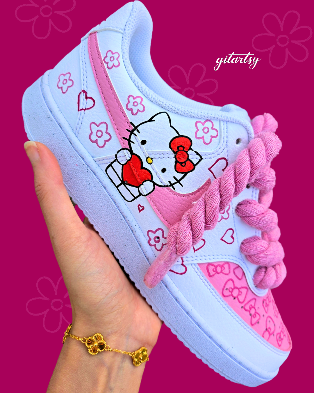 Kids Hello Kitty Custom Hand-Painted Nike Sneakers – Pink & White with Rope Laces
