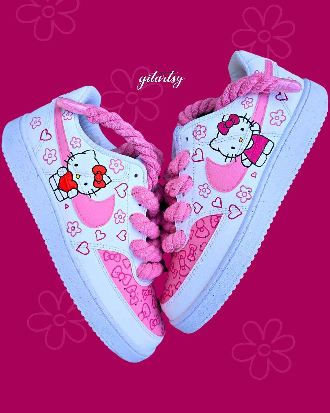 Kids Hello Kitty Custom Hand-Painted Nike Sneakers – Pink & White with Rope Laces
