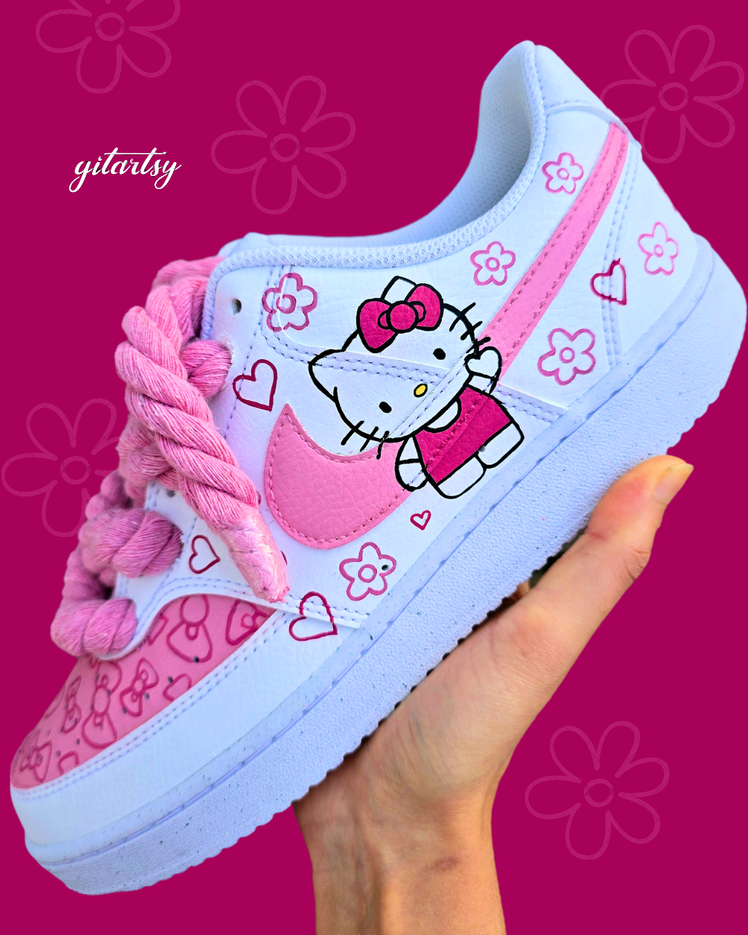 Kids Hello Kitty Custom Hand-Painted Nike Sneakers – Pink & White with Rope Laces