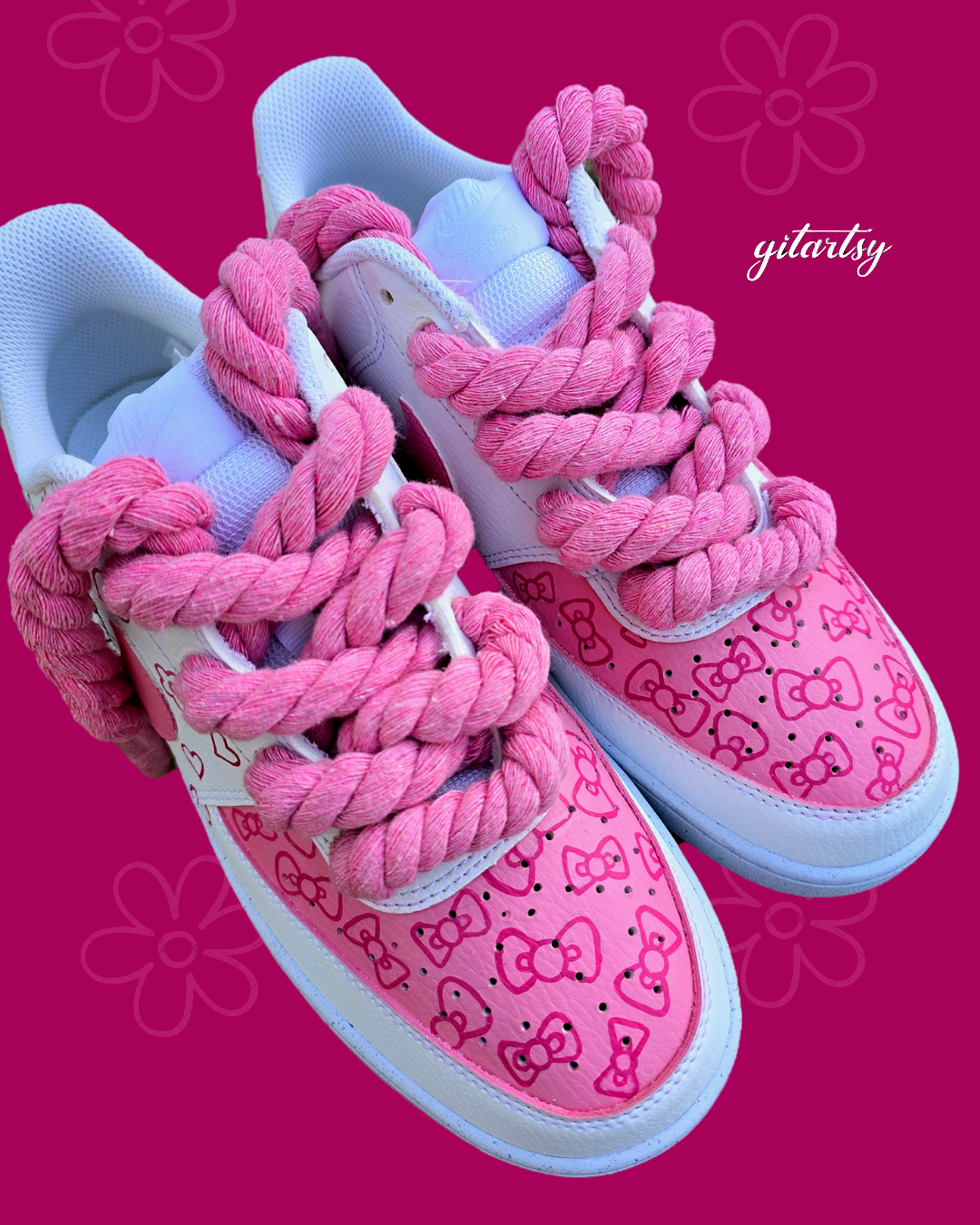 Kids Hello Kitty Custom Hand-Painted Nike Sneakers – Pink & White with Rope Laces