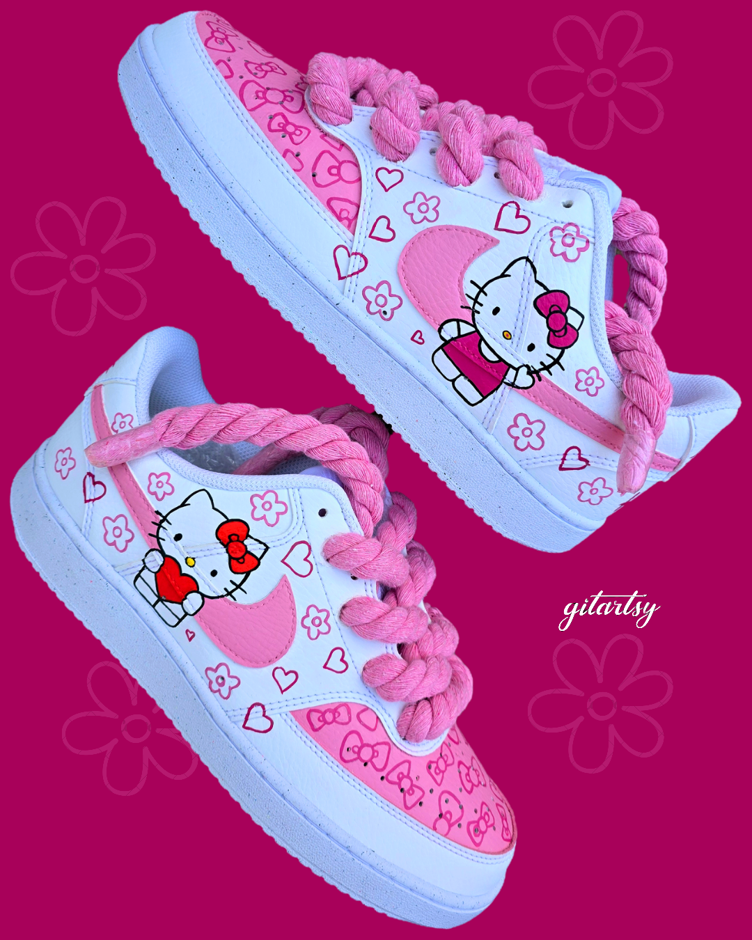 Kids Hello Kitty Custom Hand-Painted Nike Sneakers – Pink & White with Rope Laces