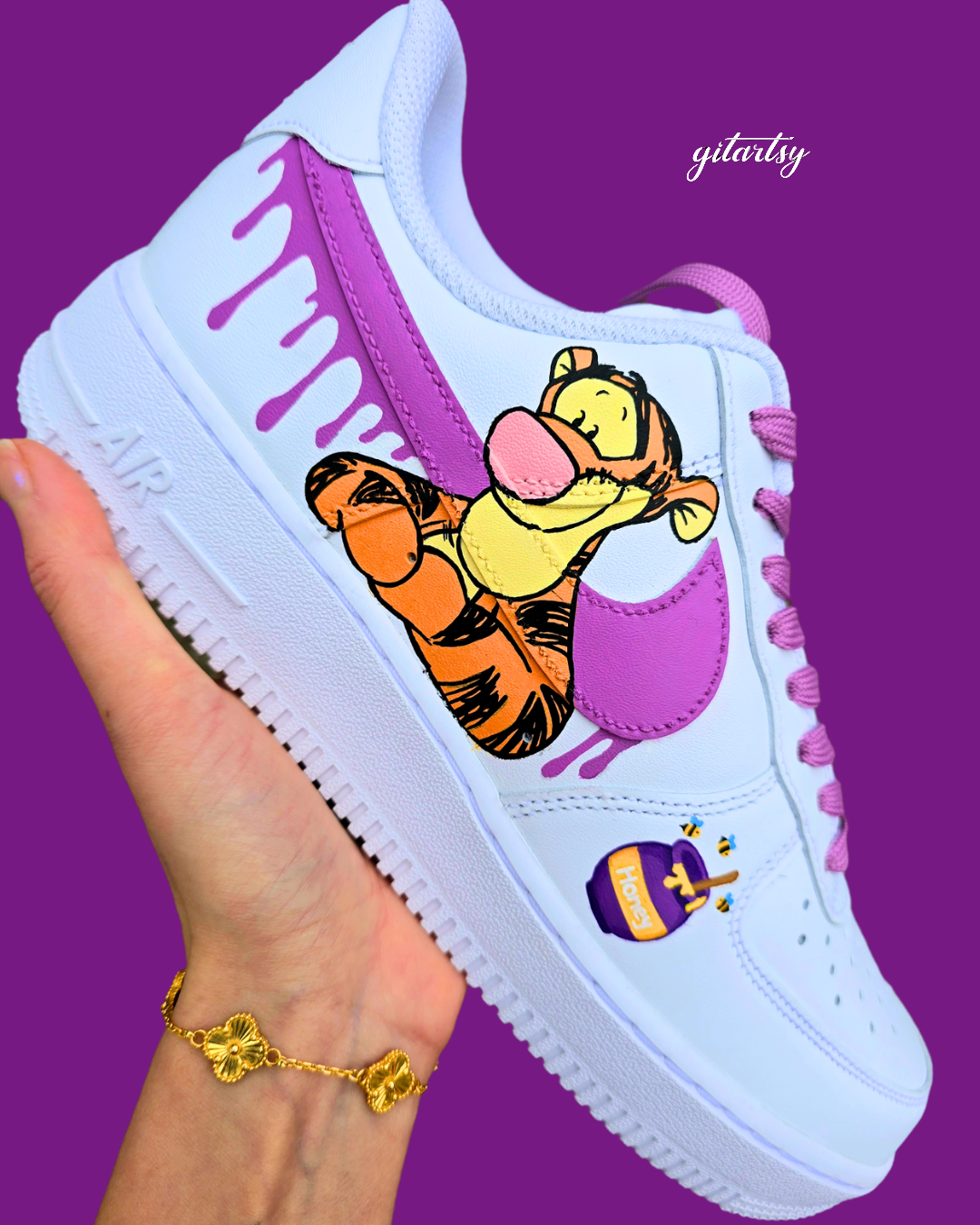 Kids Tigger Winnie The Pooh Custom Hand-Painted Nike Sneakers AF1 – Cartoon-Themed Footwear - white purple and orange colourway