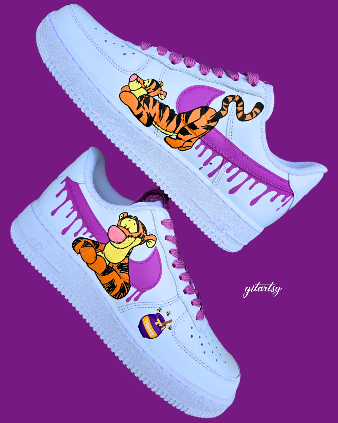Kids Tigger Winnie The Pooh Custom Hand-Painted Nike Sneakers AF1 – Cartoon-Themed Footwear - white purple and orange colorway