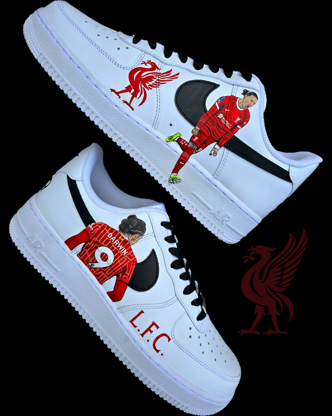A pair of custom hand-painted Nike Air Force 1 sneakers featuring Liverpool FC striker Darwin Núñez in full red kit, adorned with the iconic Liverpool FC crest, L.F.C. initials, and bold player artwork. The shoes showcase vibrant detailing and premium leather painting, making them a must-have for football fans and sneaker collectors alike.