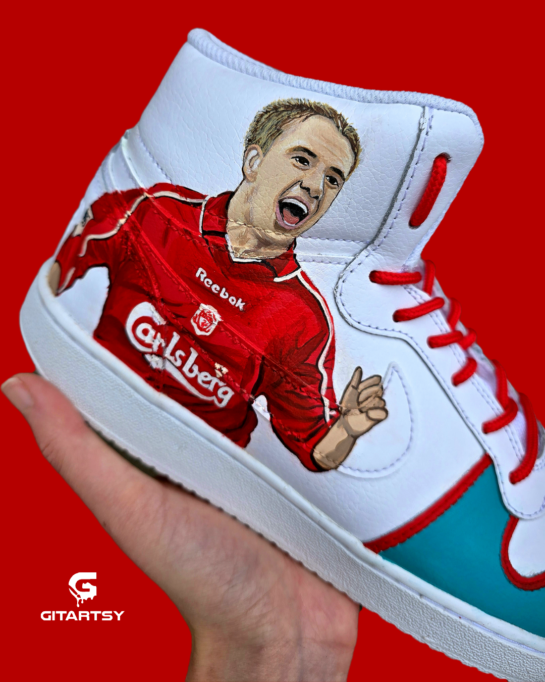 Custom hand-painted Liverpool FC Michael Owen sneakers featuring a realistic portrait of Michael Owen in a red Liverpool kit, the club crest with the You’ll Never Walk Alone motto, and vivid accents in red and teal. These unique fan art shoes are waterproof, scratch-resistant, and perfect for Liverpool supporters and collectors who want a standout piece of wearable art.

