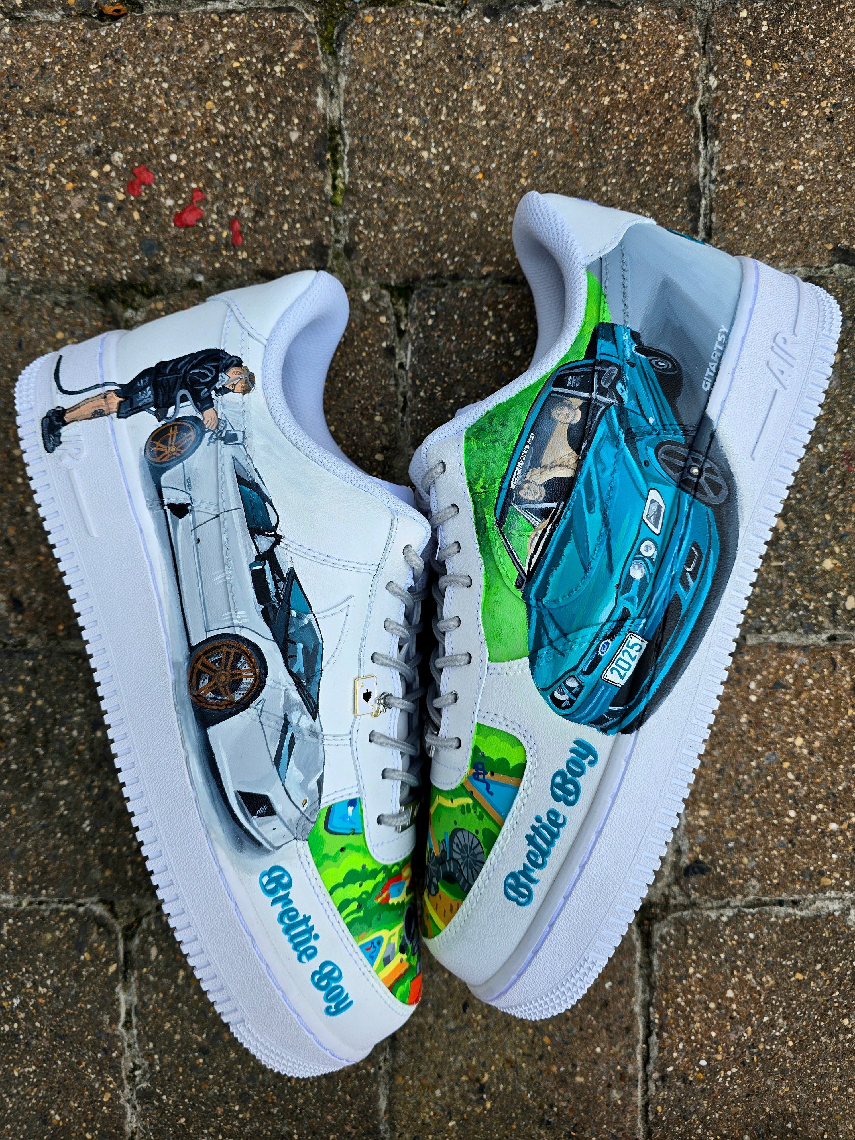 Custom hand-painted Nike Air Force 1 sneakers featuring a Lamborghini-inspired design 🏎️ and spray painter artwork 🎨. Created by Gitartsy using premium leather paints, sealed for durability, and fully customisable with personal details such as car models, colors, and text. Perfect for car enthusiasts 🚗, sneaker collectors 👟, and streetwear lovers seeking one-of-a-kind footwear.

