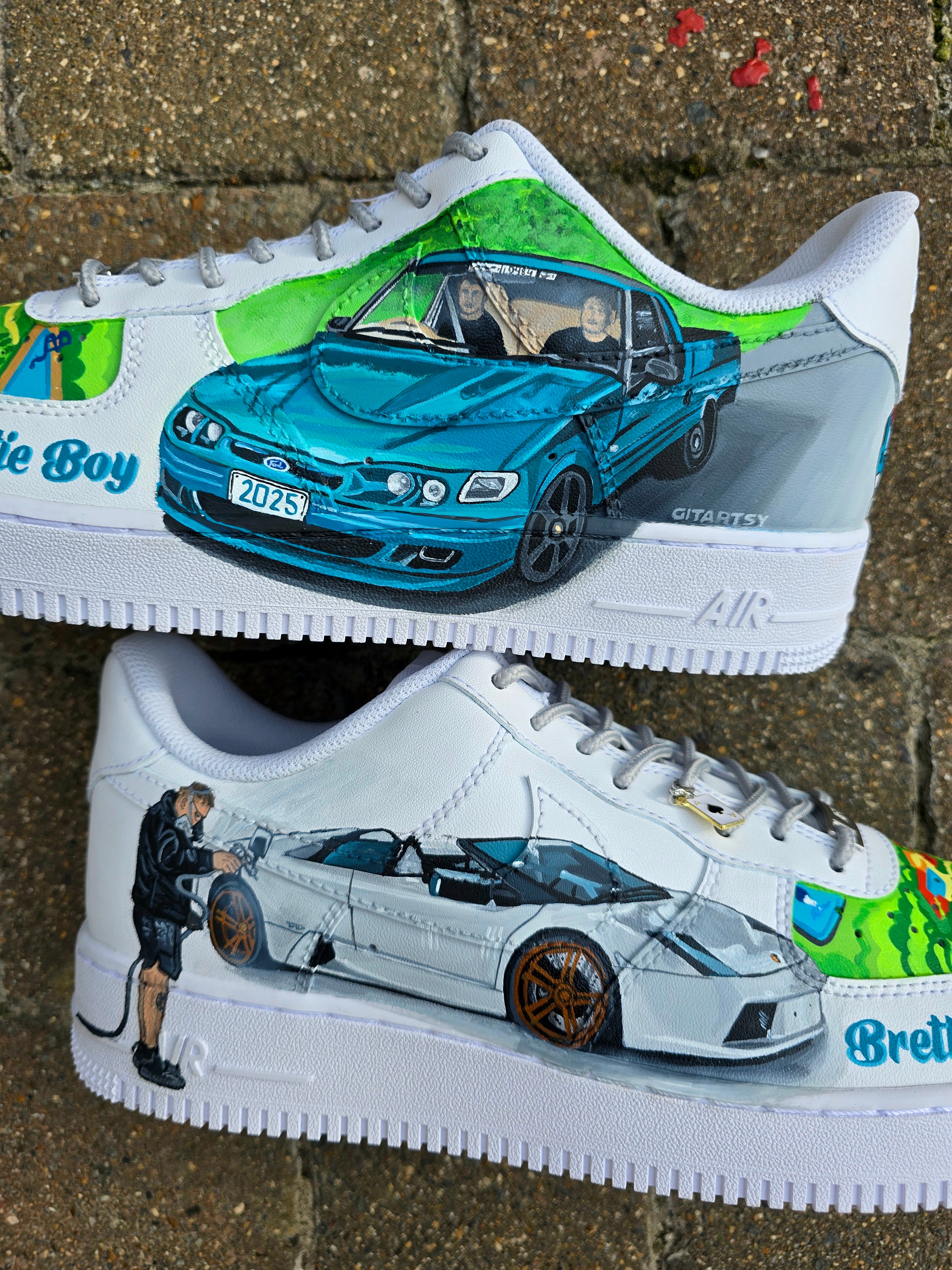 Custom hand-painted Nike Air Force 1 sneakers featuring a Lamborghini-inspired design 🏎️ and spray painter artwork 🎨. Created by Gitartsy using premium leather paints, sealed for durability, and fully customisable with personal details such as car models, colors, and text. Perfect for car enthusiasts 🚗, sneaker collectors 👟, and streetwear lovers seeking one-of-a-kind footwear.

