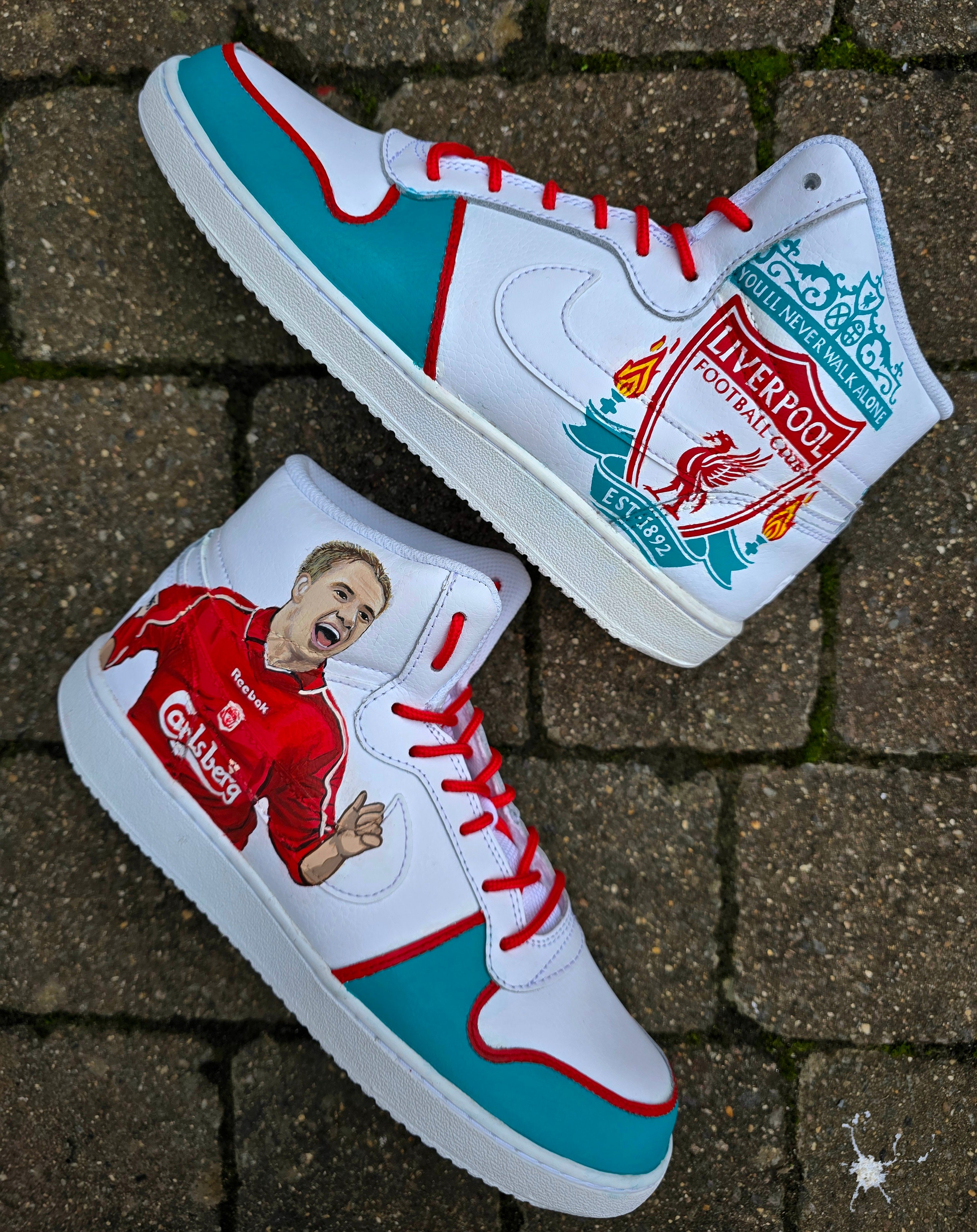 Liverpool FC Custom Hand-Painted Nike AF1 Sneakers – White high top shoes with a realistic portrait of footballer Michael Owen