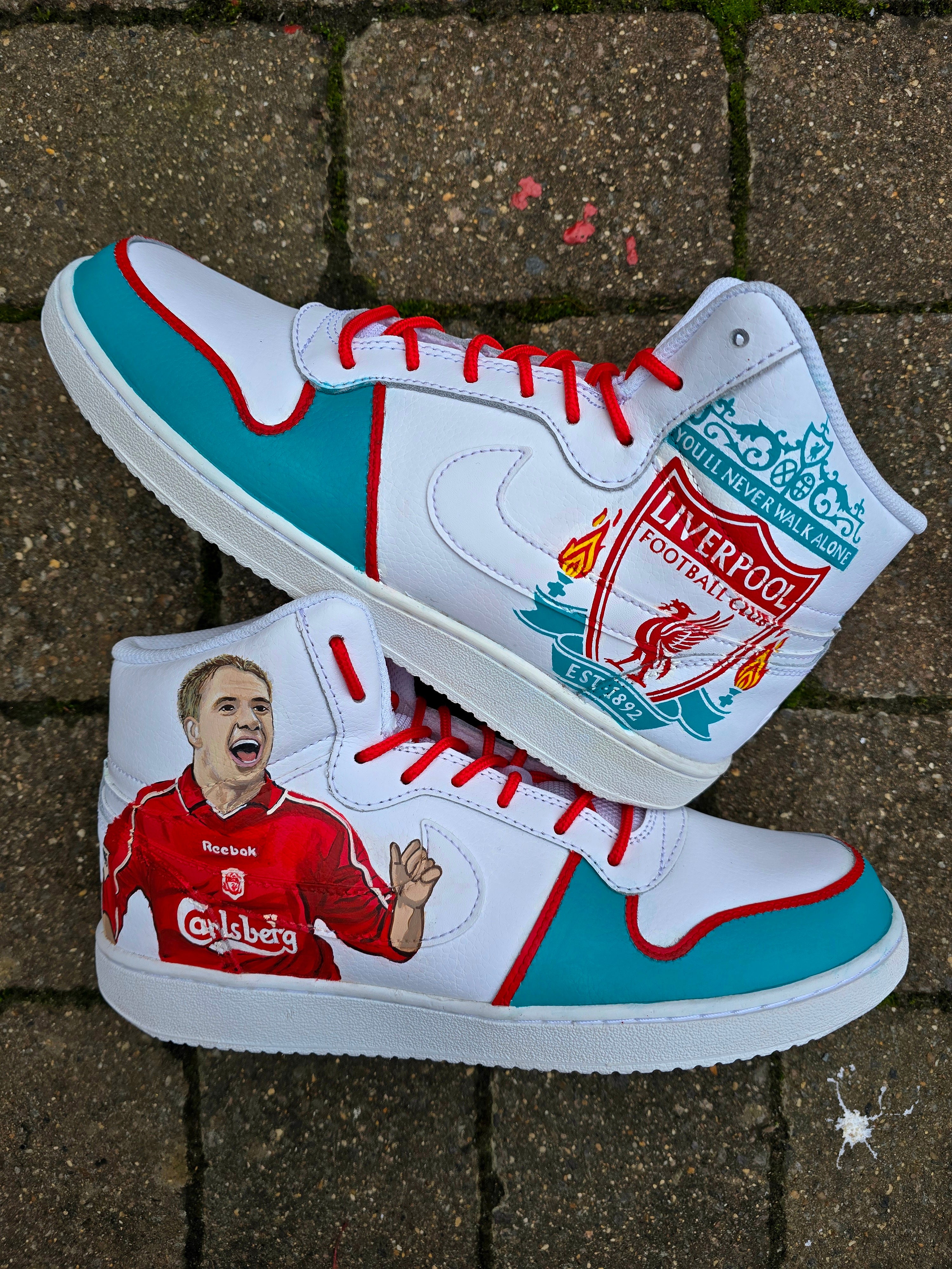 Liverpool FC Custom Hand-Painted Nike AF1 Sneakers – White high top shoes with a realistic portrait of footballer Michael Owen