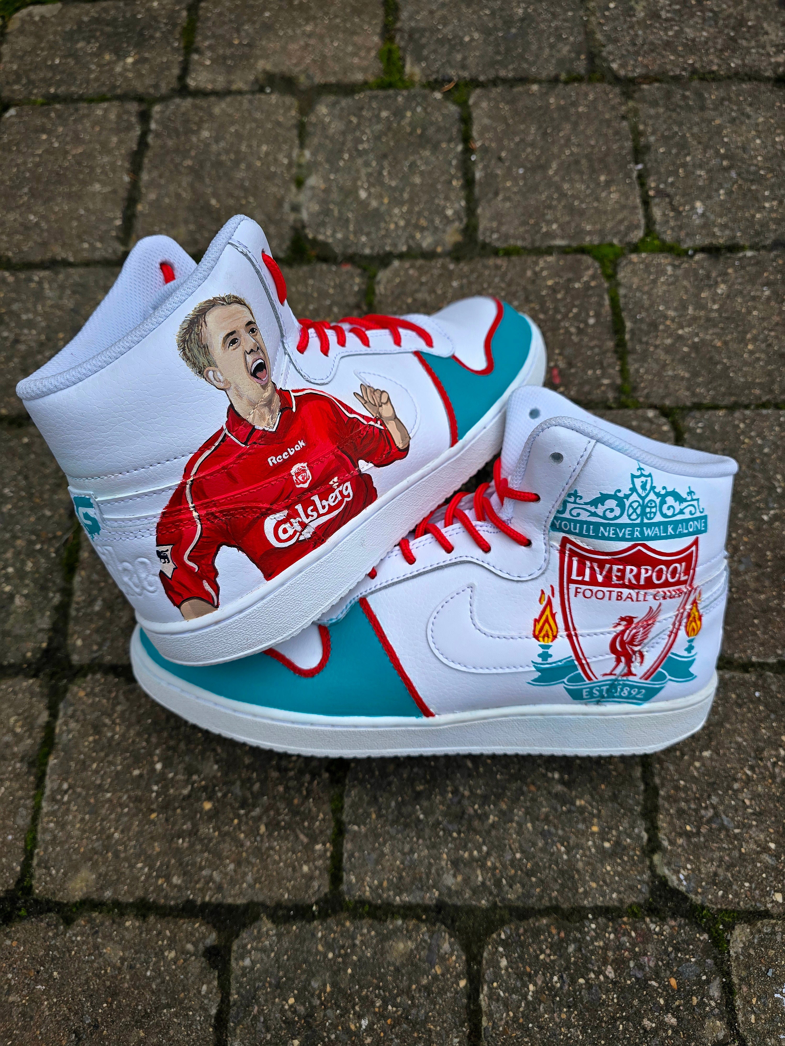 Liverpool FC Custom Hand-Painted Nike AF1 Sneakers – White high top shoes with a realistic portrait of footballer Michael Owen
