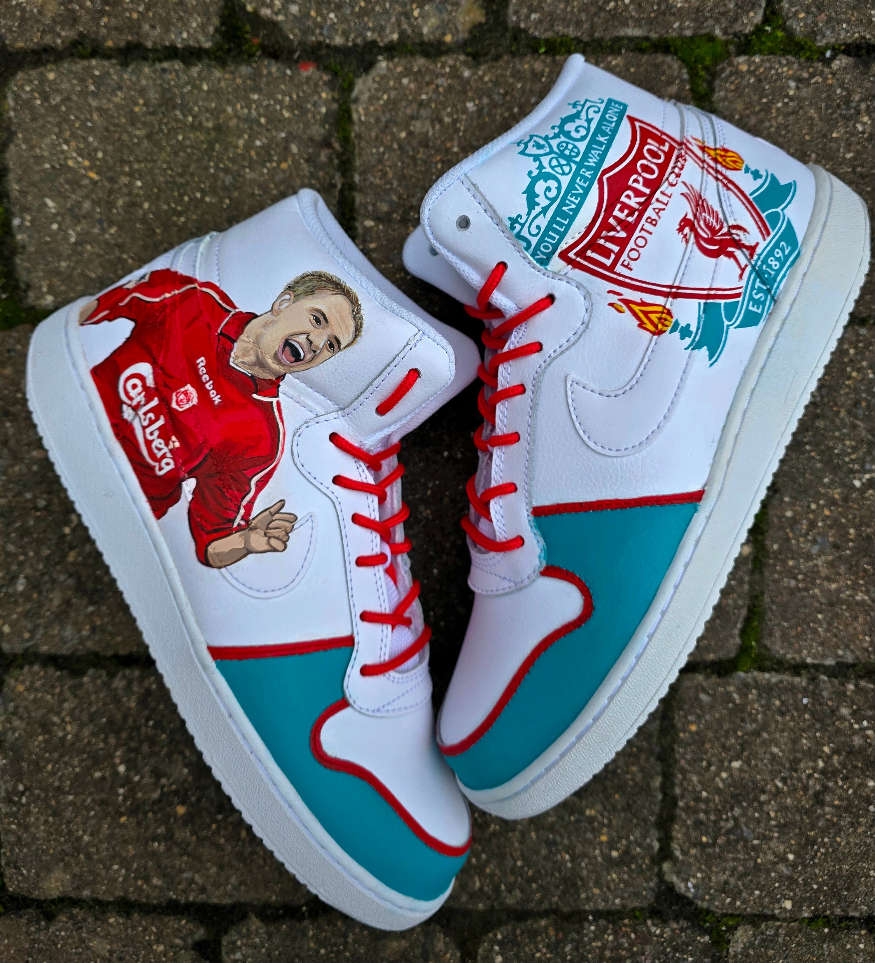 Liverpool FC Custom Hand-Painted Nike AF1 Sneakers – White high top shoes with a realistic portrait of footballer Michael Owen