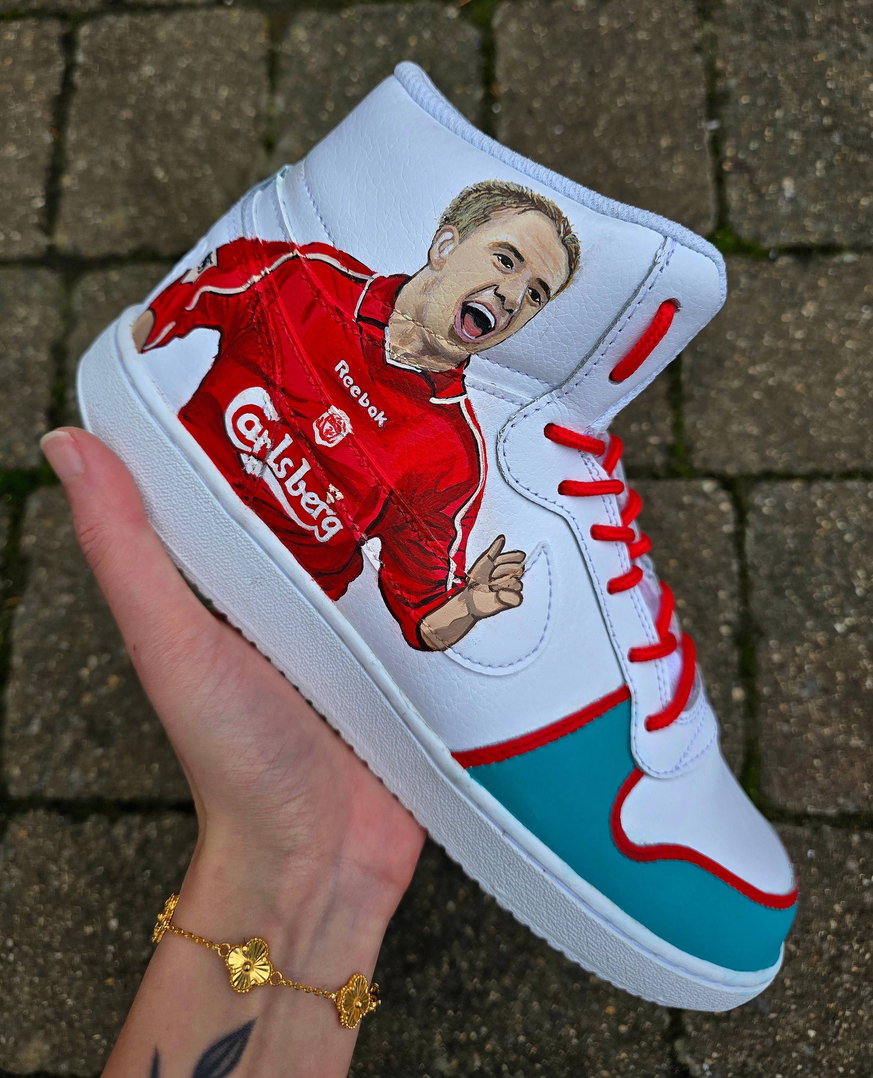 Liverpool FC Custom Hand-Painted Nike AF1 Sneakers – White high top shoes with a realistic portrait of footballer Michael Owen