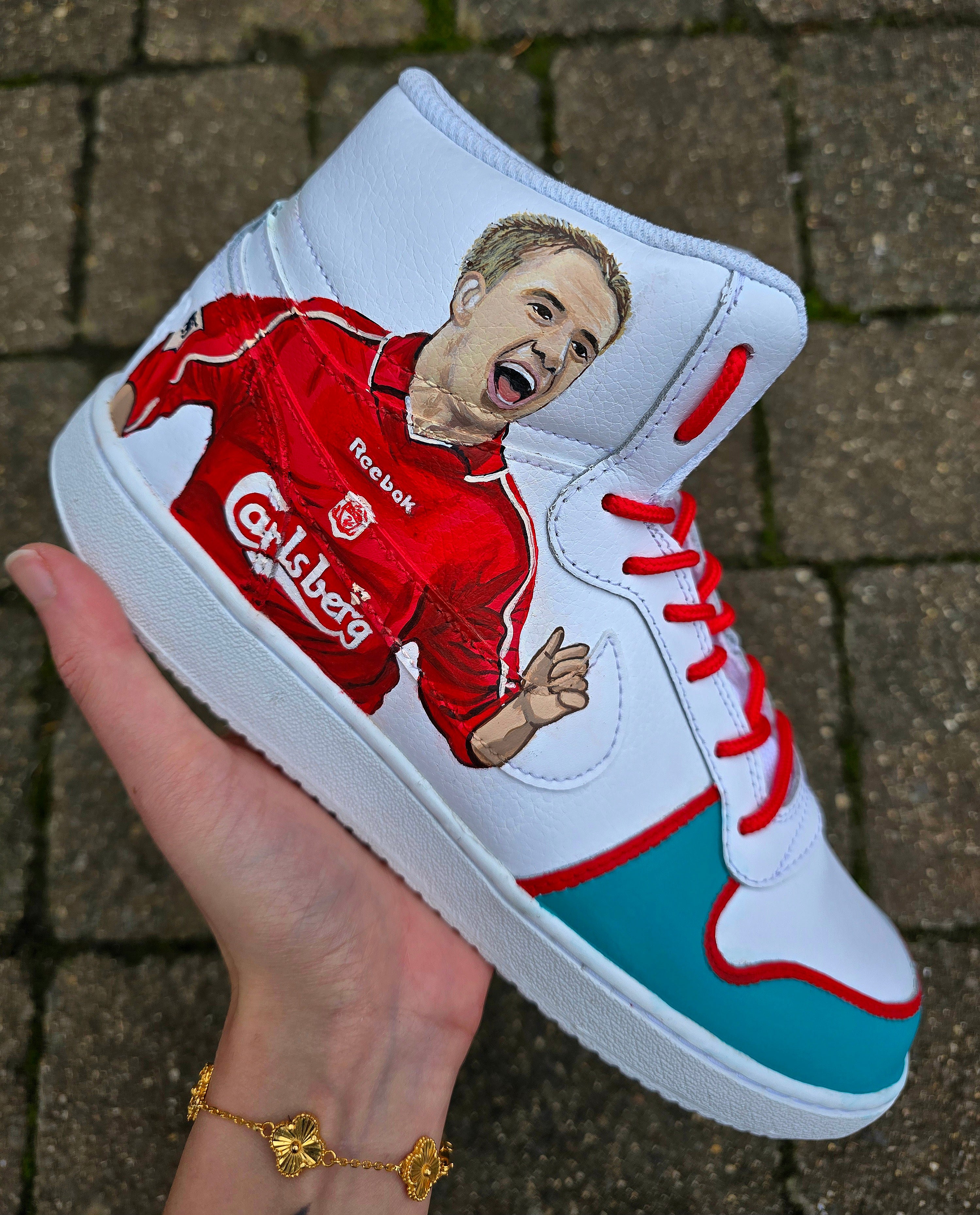 Liverpool FC Custom Hand-Painted Nike AF1 Sneakers – White high top shoes with a realistic portrait of footballer Michael Owen
