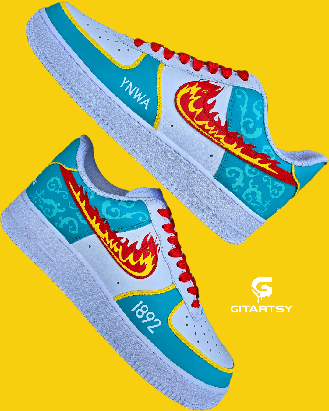 Liverpool FC Inspired Custom Hand-Painted Nike Air Force 1 Sneakers. These one-of-a-kind kicks feature a bold and artistic take on the LFC logo, incorporating dynamic fire swooshes, intricate teal green crest designs, and club-inspired detailing that captures the spirit of Anfield. Perfect to match with the LFC kit. 