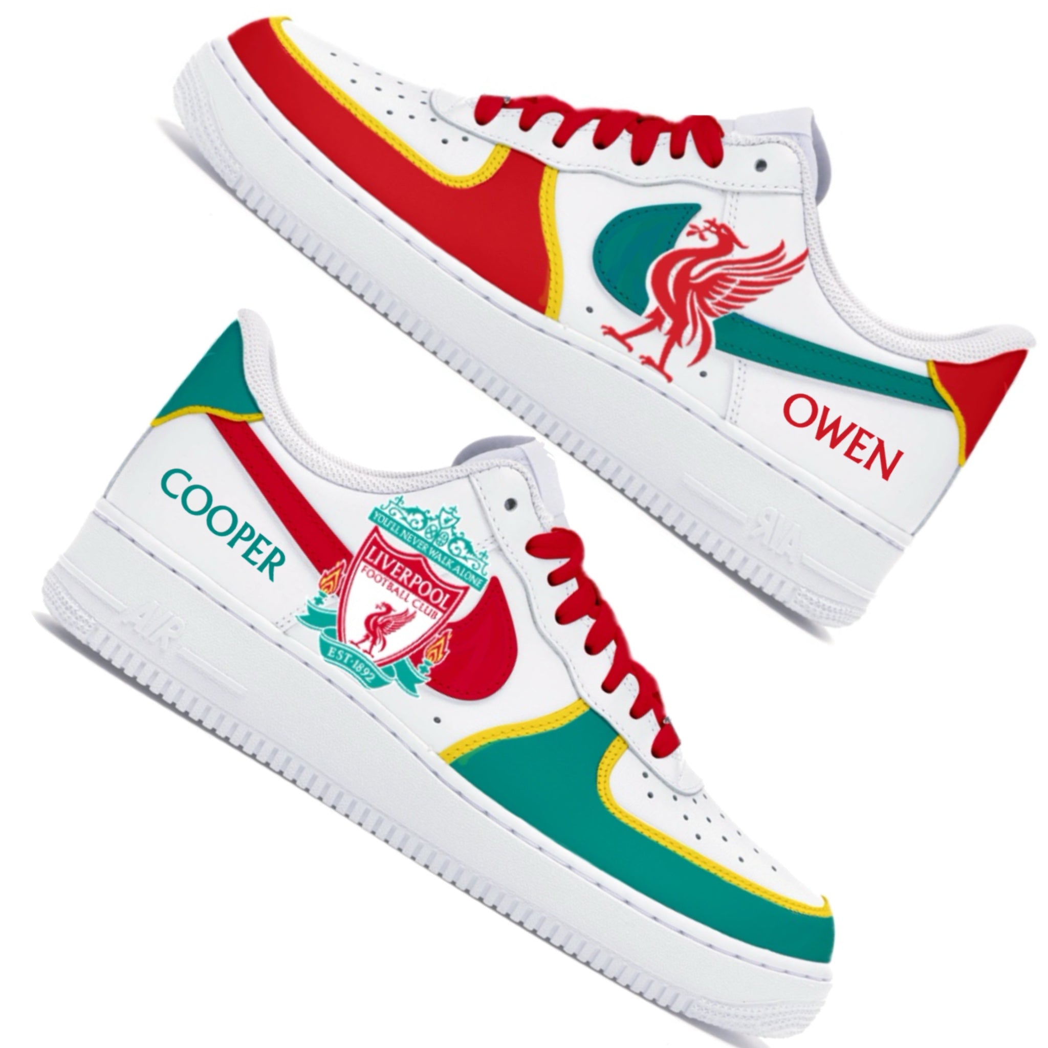 Liverpool FC football custom hand-painted Nike AF1 Sneakers made for LFC fans. Painted with a realistic LFC logo, lovebird and teal green and red colour scheme