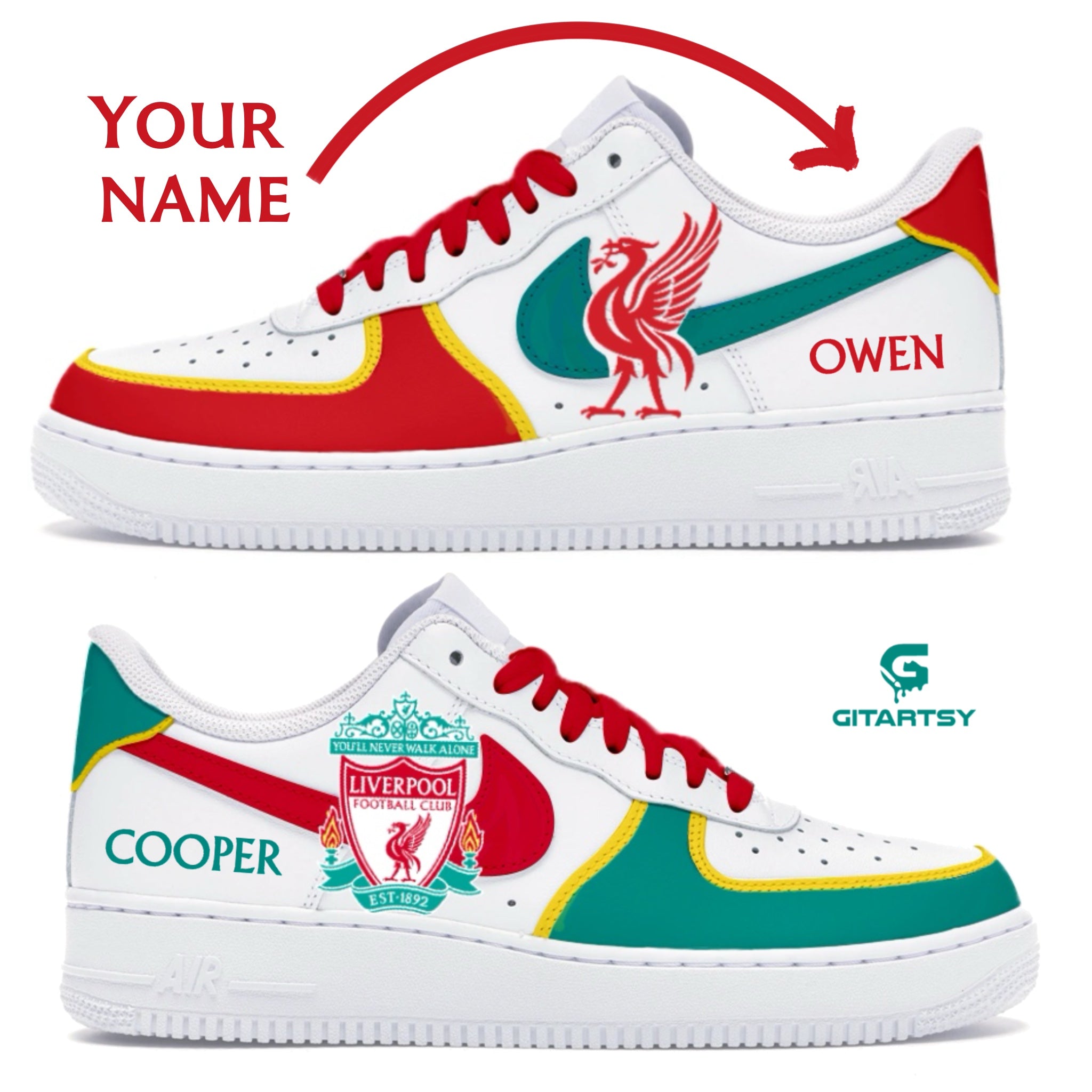 Liverpool FC football custom hand-painted Nike AF1 Sneakers made for LFC fans. Painted with a realistic LFC logo, lovebird and teal green and red colour scheme