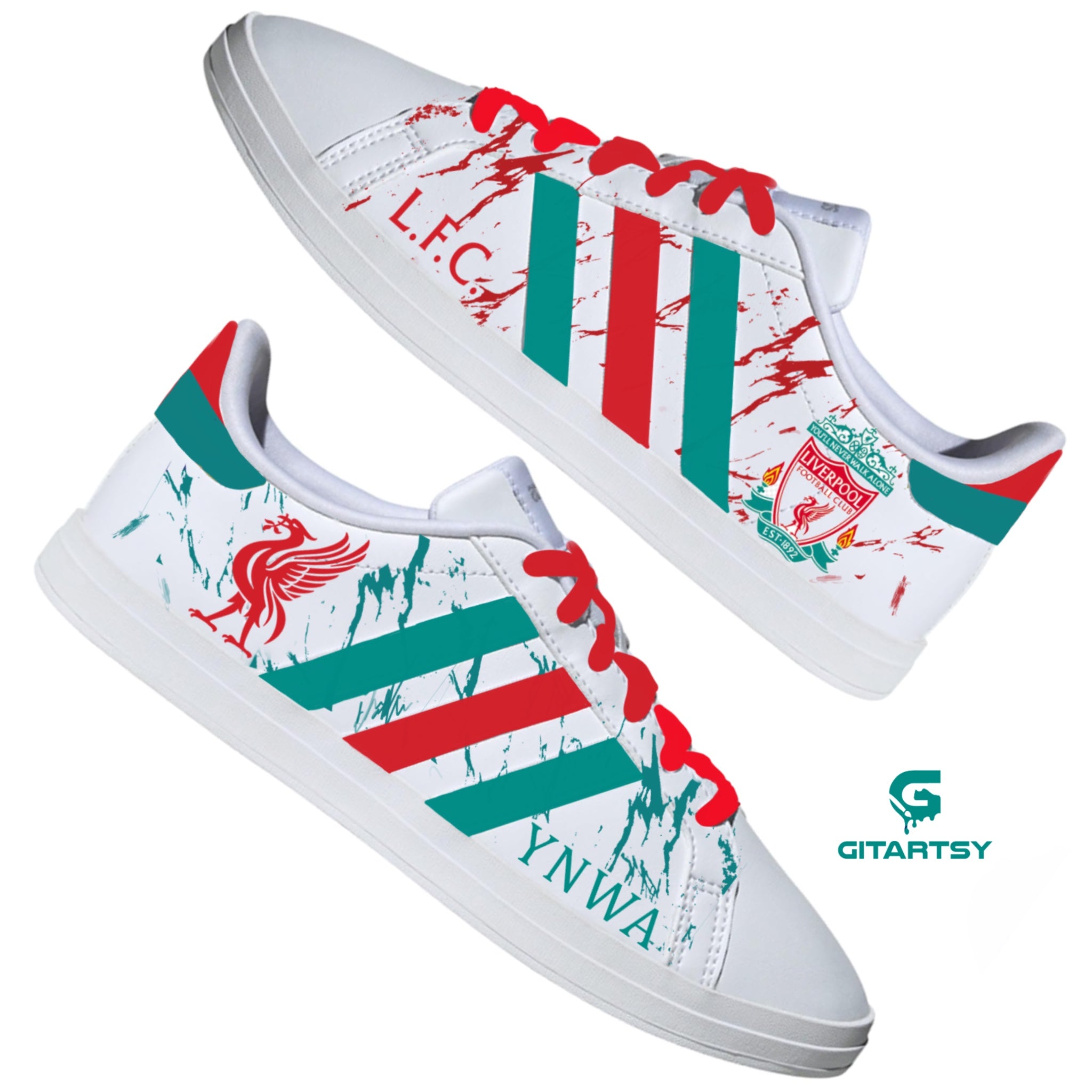 Liverpool FC football custom hand-painted Adidas sneakers. White pair of sneakers with LFC design - logo, lovebird and teal green and red colour scheme