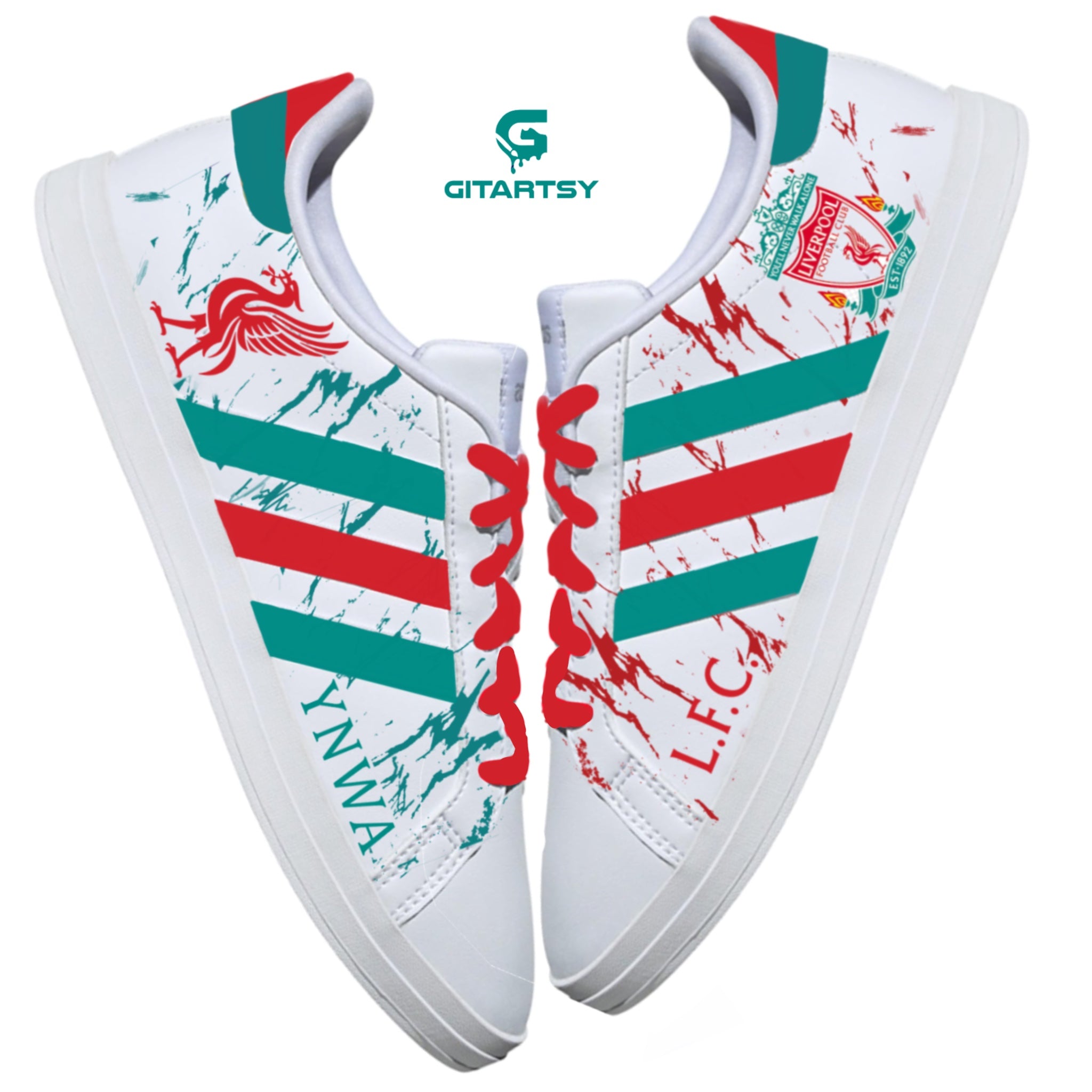 Liverpool FC football custom hand-painted Adidas sneakers. White pair of sneakers with LFC design - logo, lovebird and teal green and red colour scheme