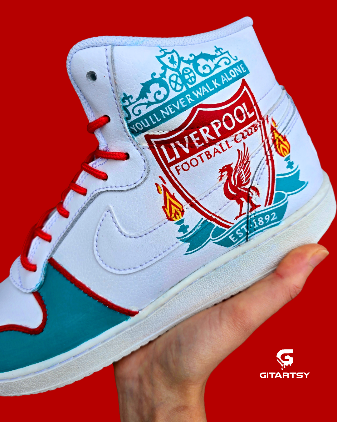 Liverpool FC Custom Hand-Painted Nike AF1 Sneakers – White high top shoes with a realistic portrait of footballer Michael Owen