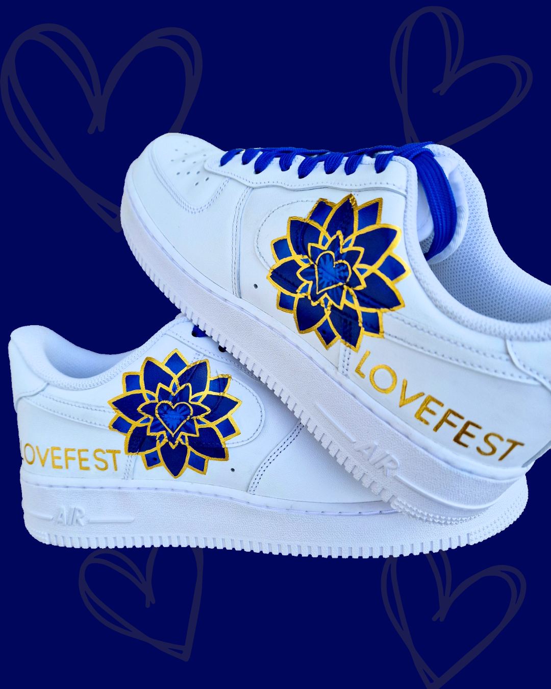 Lovefest Sunny Sekhon - Nike AF1 sneakers - hand painted custom sneakers for businesses and brands - unique branding shoes - blue and gold