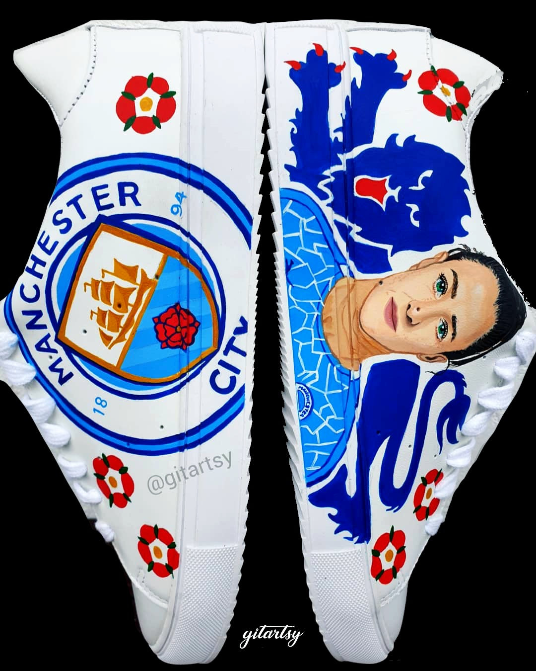 Custom Lucy Bronze Manchester City Hand-Painted Sneakers featuring a realistic portrait of Lucy Bronze, blue club lion emblem, red English rose details, and the iconic Manchester City logo, painted on premium white leather shoes – a unique gift for football fans.

