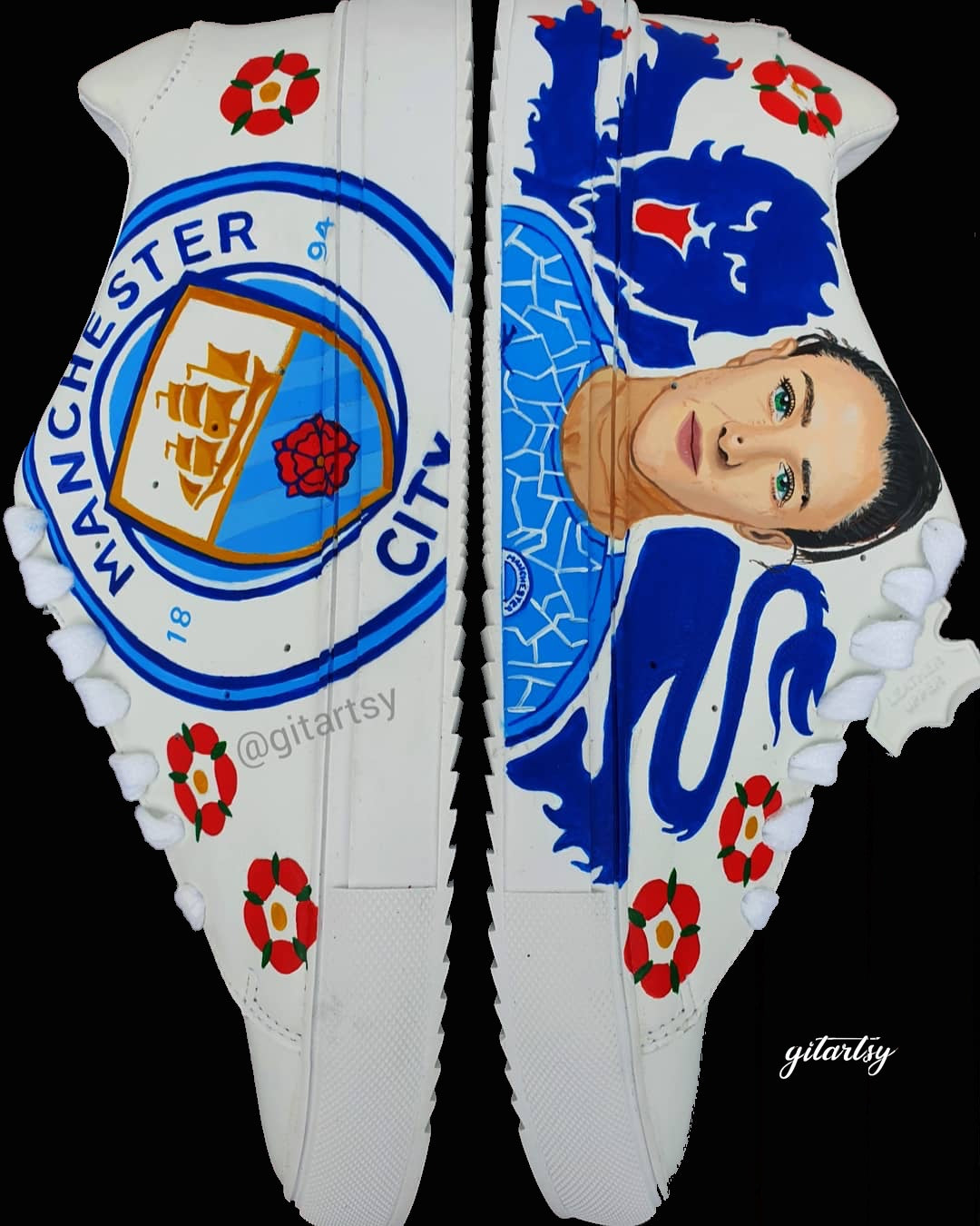 Custom Lucy Bronze Manchester City Hand-Painted Sneakers featuring a realistic portrait of Lucy Bronze, blue club lion emblem, red English rose details, and the iconic Manchester City logo, painted on premium white leather shoes – a unique gift for football fans.

