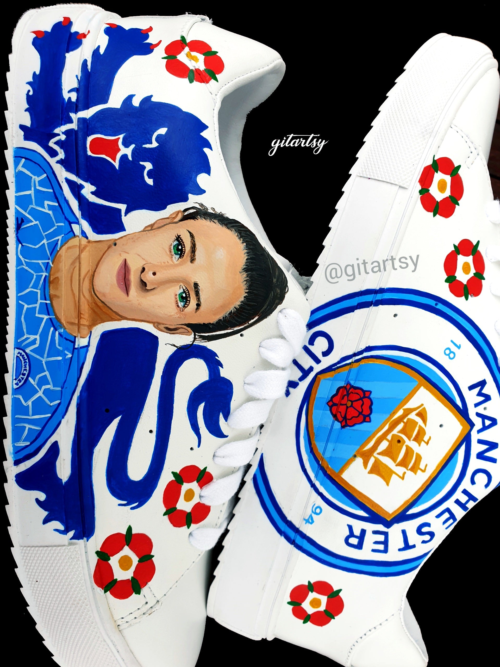 Custom Lucy Bronze Manchester City Hand-Painted Sneakers featuring a realistic portrait of Lucy Bronze, blue club lion emblem, red English rose details, and the iconic Manchester City logo, painted on premium white leather shoes – a unique gift for football fans.

