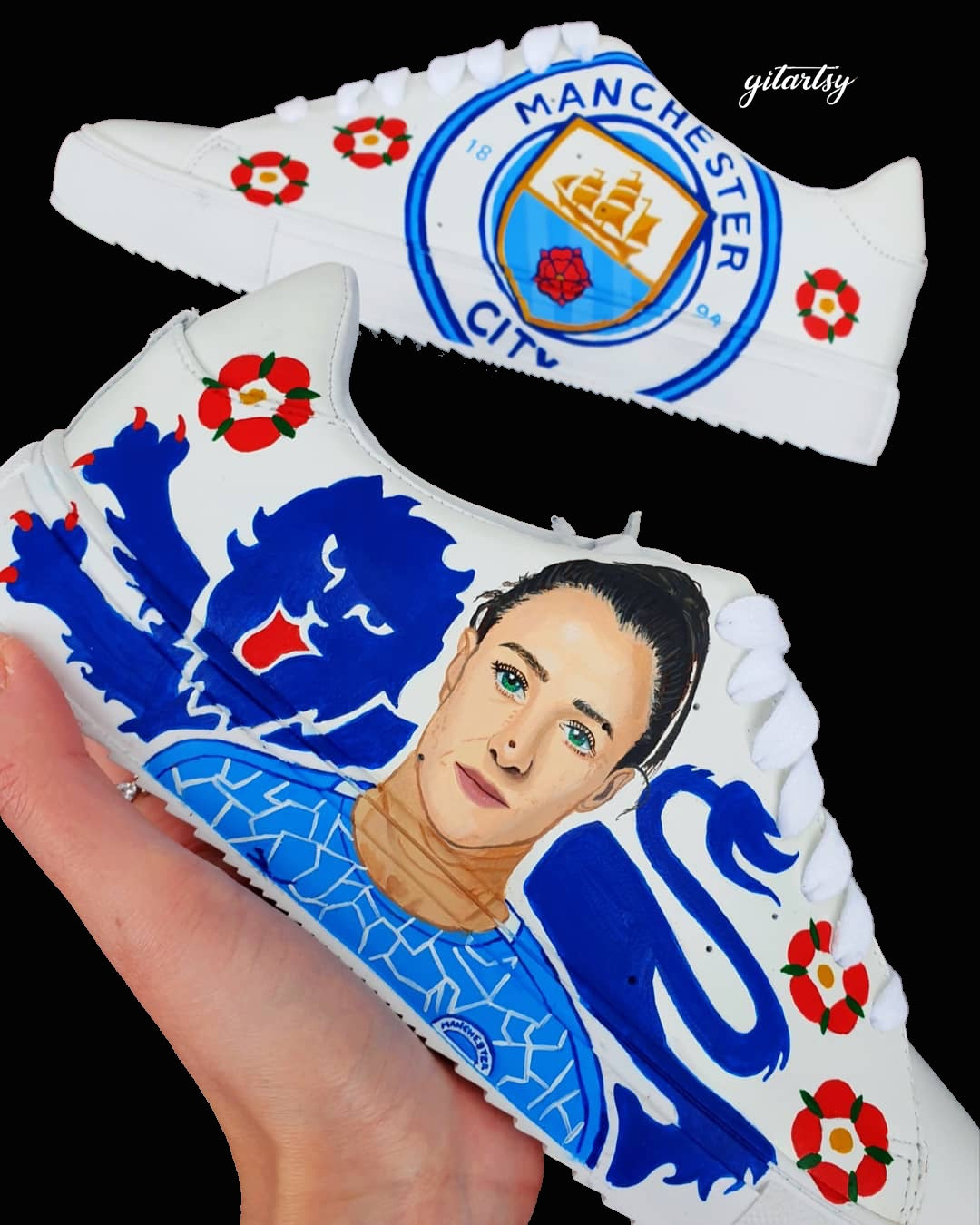 Custom Lucy Bronze Manchester City Hand-Painted Sneakers featuring a realistic portrait of Lucy Bronze, blue club lion emblem, red English rose details, and the iconic Manchester City logo, painted on premium white leather shoes – a unique gift for football fans.

