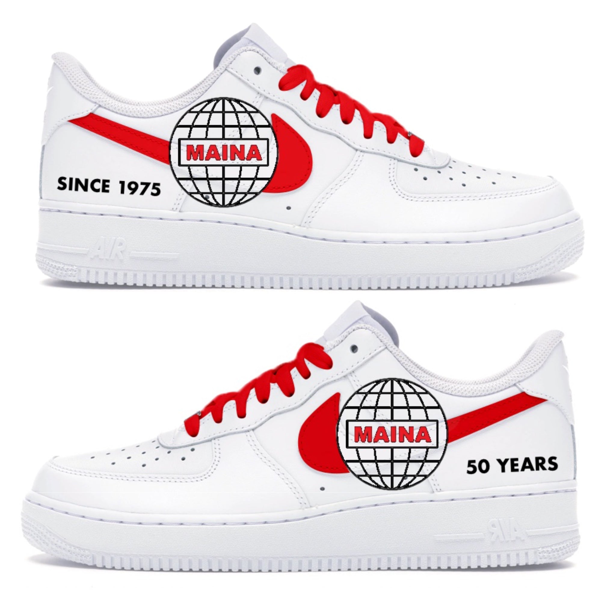 Maina shipping company brand Nike AF1 sneakers - hand painted custom sneakers for businesses and brands - unique branding shoes 